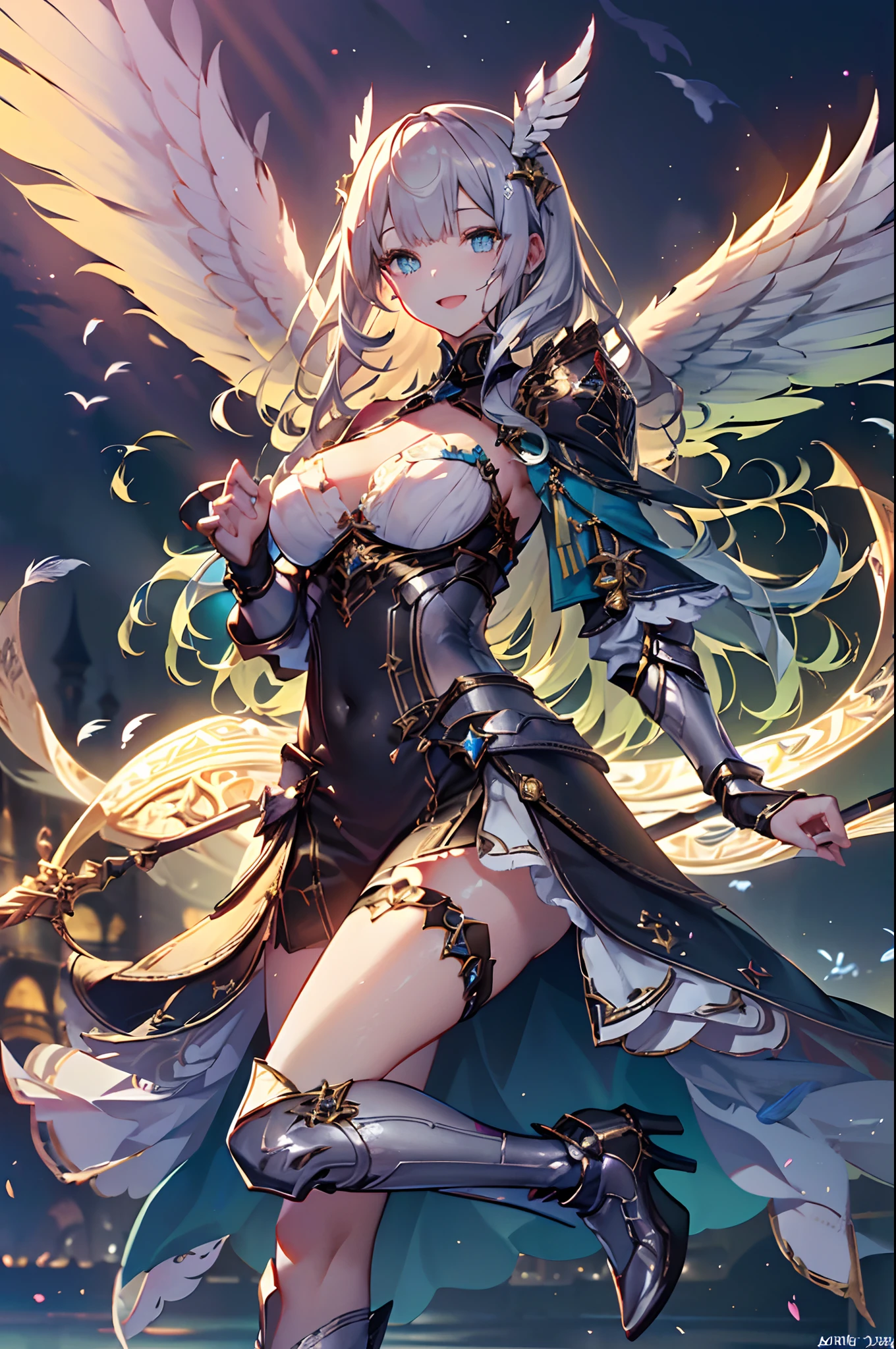 (Official art、Best Quality、Unity 8k Wallpapers、32K、masterpiece、ultra-detailliert、超A high resolution、The best illustrations、Very ridiculous:1.2)、(Cinematic lighting:1.2)、Fireglow effect、film grains、Best Shadows、Rim lighting、side lights、(Ultra-detailed and complex 3D rendering)、Detailed beautiful face and eyes、Sharp pupils、Realistic pupils、A slender、1Man Woman、Medium bust、(Full body:1.2)、 beauitful face、-yeld beiful girl、(super detailed skin、detailed skin textures:1.3)、(silver blond、Blue-silver hair:1.3)、Paladin、Longhaire、Blunt bangs、Green eyes、Braids、(Blue Armor、Blue Boots、hair adornments、Jeweled、Gold embroidery)、A slender、a miniskirt、(thighs thighs thighs thighs:0.8)、(chies、in a house、Artistic stained glass、Large pipe organ、Hello Point、Mystical、a lot of feathers float、angelicales、Wings of an angel on the back、Particles of light、solemnity、Sunlight is、colourfull、Fantastical:1.2)、(Fantastical:1.3)、(Holding the Holy Sword:1.0)、Fantastical、Smile with open mouth