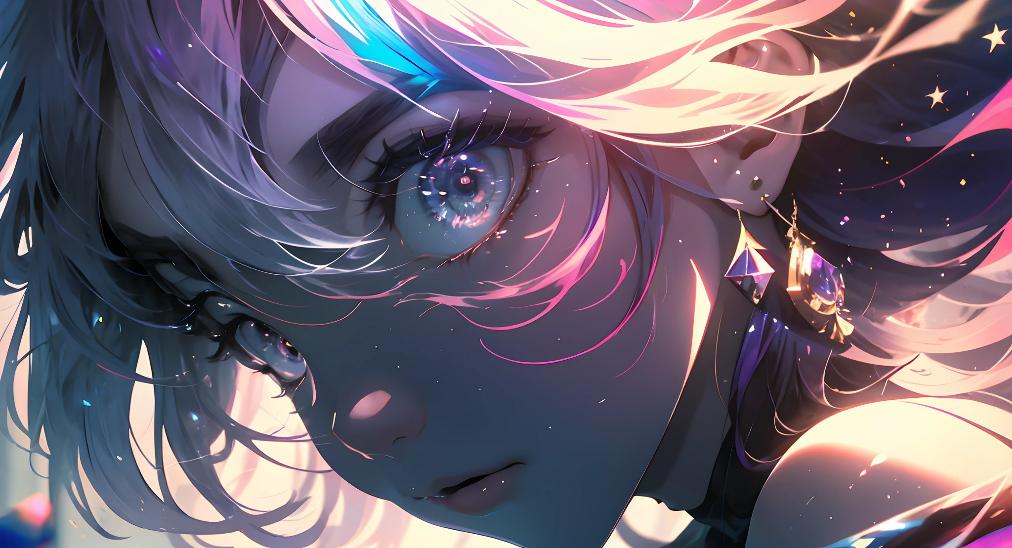(Masterpiece, Top Quality, Best Quality,watercolour )(medium),official arts, beautiful and aesthetic:1.2),(1girl:1.3), (s fractal art:1.3),upper-body, from side, looking a viewer,Patterns,(Rainbow Color Hair,multi-colored hair,half blue and half pink hair:1.2),water,Liquid, Cloud,Colorful, starry,Stars,a closeup of a, big eyes, eyes, compound eyes, Unique students, Unusual pupils,Starry sky, Stars in the background, shining halo,((Ultra Detailed Retina:1.5)),embarassed, (midriff),((ultra detail eyes:1.5)),((extremely detailed CG unity 8k wallpaper,Masterpiece, Best Quality)), ((Ultra-detailed:1.2)),(better lighting, better shadow, extreamly delicate and beautiful),(extremely detailed CG unity 8k wallpaper,Masterpiece, Best Quality, Ultra-detailed),(better lighting, better shadow, extreamly delicate and beautiful),(the perfect body: 1.5)