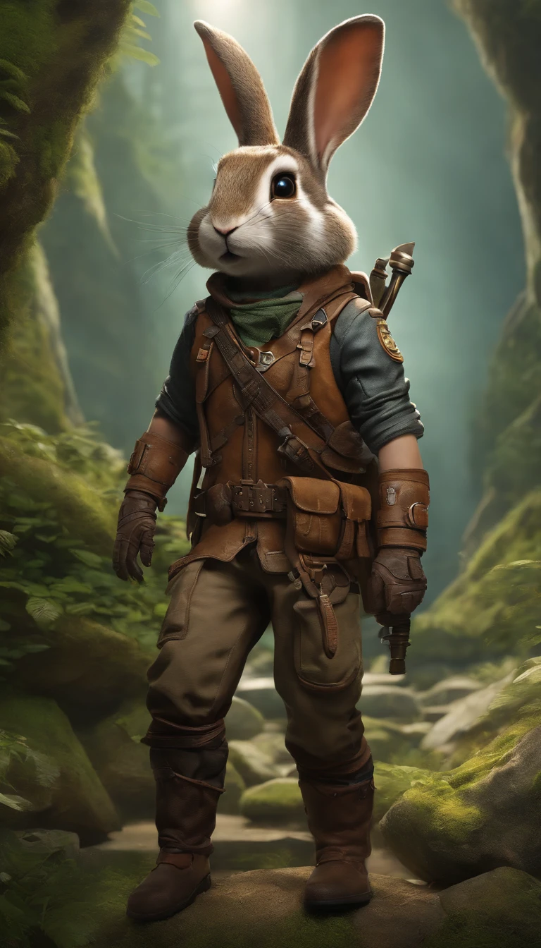 Anthropomorphic, Adventurous bunny, goggles, Rabbit head and rabbit tail, Dressed in an explorer's suit, Features Tomb Raider and Assassin's Creed-inspired costume designs and intricate costume details,Warhammer fantasy RPG roadman adventurer's outfit and outfit and power-up, Knolling, Bow down layout, earth tones, Natural materials, destructured, Highly detailed, Depth,abstracted， Modern art， psychedelia， psychedelia， rich colourful， ultra-realistic realism :: Retro-futuristic sci-fi fantasy The charm and adventure of The Jasons, Artist Aaron, Beautiful artwork on the tabletop, smartphone, the wallpaper, Adventure-themed style, Colorful melancholy, 8K resolution, Hiking core, 2D, Colorful