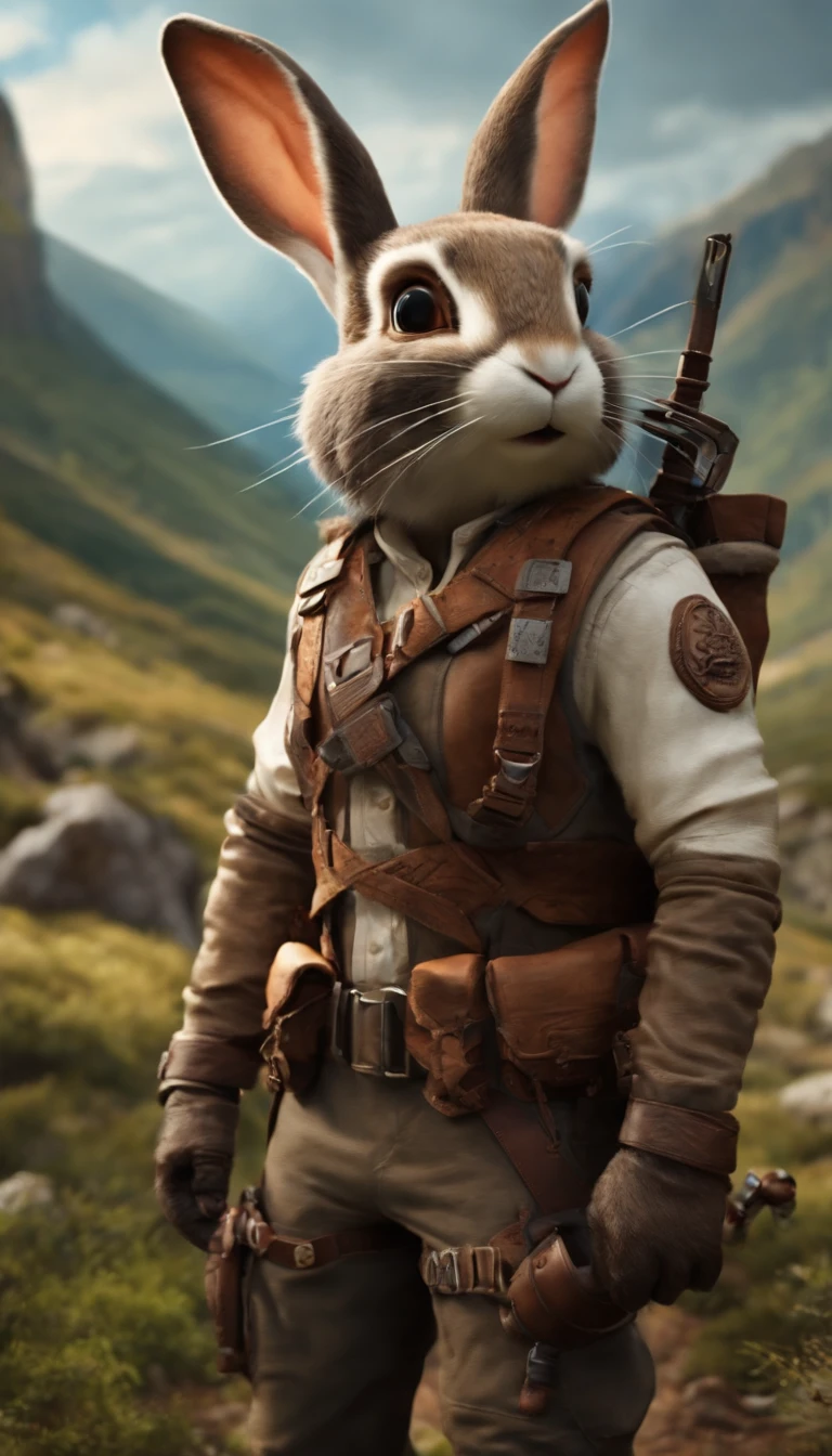 Anthropomorphic, Adventurous bunny, goggles, Rabbit head and rabbit tail, Dressed in an explorer's suit, Features Tomb Raider and Assassin's Creed-inspired costume designs and intricate costume details,Warhammer fantasy RPG roadman adventurer's outfit and outfit and power-up, Knolling, Bow down layout, earth tones, Natural materials, destructured, Highly detailed, Depth,abstracted， Modern art， psychedelia， psychedelia， rich colourful， ultra-realistic realism :: Retro-futuristic sci-fi fantasy The charm and adventure of The Jasons, Artist Aaron, Beautiful artwork on the tabletop, smartphone, the wallpaper, Adventure-themed style, Colorful melancholy, 8K resolution, Hiking core, 2D, Colorful