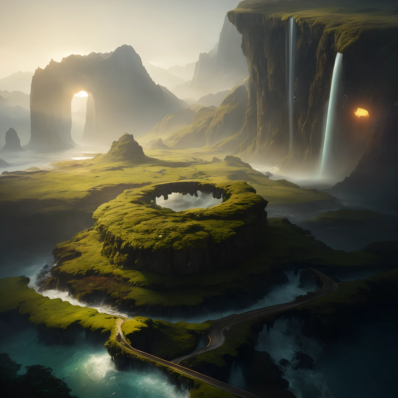 Hay una gran cascada en medio de un valle verde, jessica rossier fantasy art, Matte epic painting of an island, 3 D render beeple, arte conceptual | Beeple, Hermoso arte conceptual 3D, Impresionante arte conceptual, despampanante! arte conceptual, Impresionante foto arte conceptual real, arte conceptual altamente realista, Por Jessica Rossier, Hermoso arte conceptual