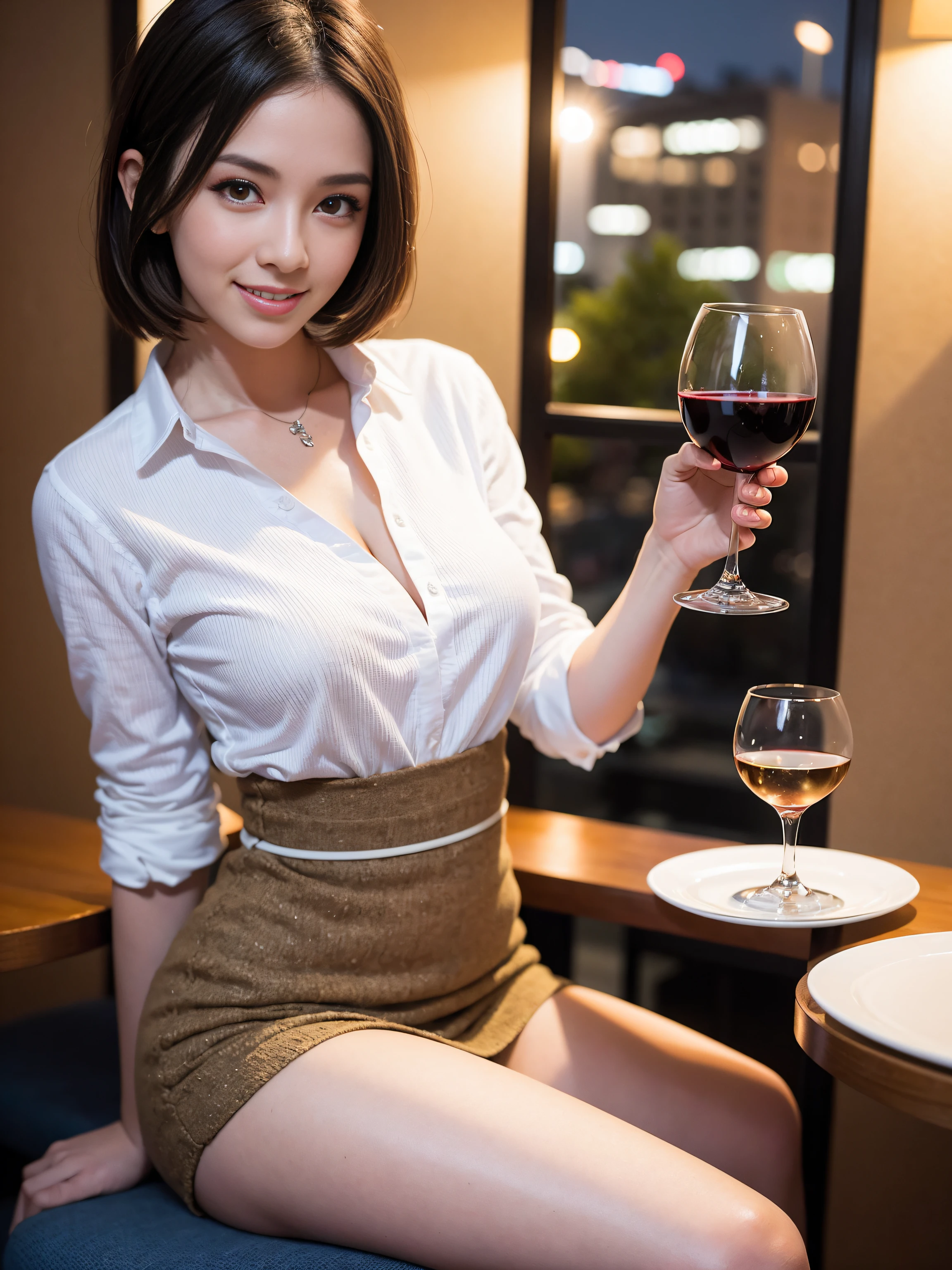 (64K, UHD, top quality, masterpiece: 1.2), (realistic, photorealistic: 1.37), super detailed, pretty woman 1 person, (slim face), (slim body), (brown hair), (short cut), cheeks slightly blushing, (44 years old), 38 years old, solo, beautiful detailed urban night view outside the window, restaurant, wine glasses sit, at night, in a prominent placeNovaFrogStyle, Actress, Model, Waist Up, White Wine, Slim, Wine Glass, Super Clean Night View, Wine Glass Put in the Middle, Happy Smile, (Smile: 1.15), Beautiful Fine Eyes, Upper Body, Bust Japan Up, Night, Short, Short, Actress, Model, Waist Up, White Wine, Slim, Wine Glass, Super Clean Night View, Wine Glass Put in the Middle, Happy Smile,