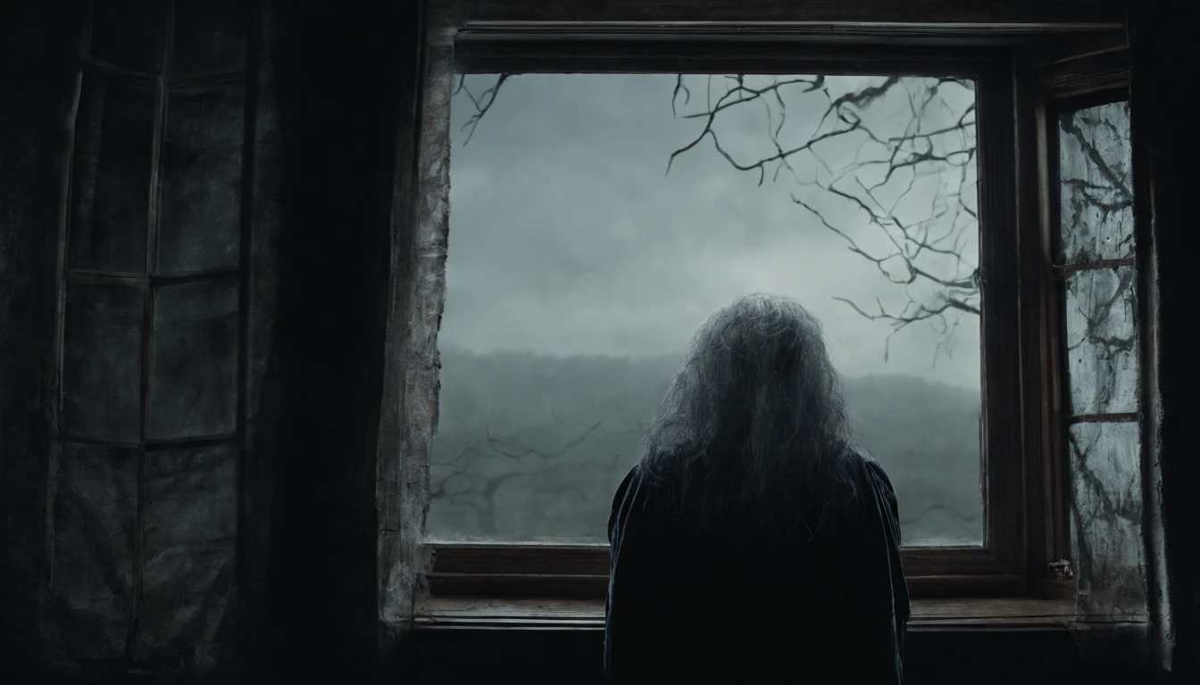8k realistic image of a scary old woman, over the window, horror movie environment, horror movie photography
