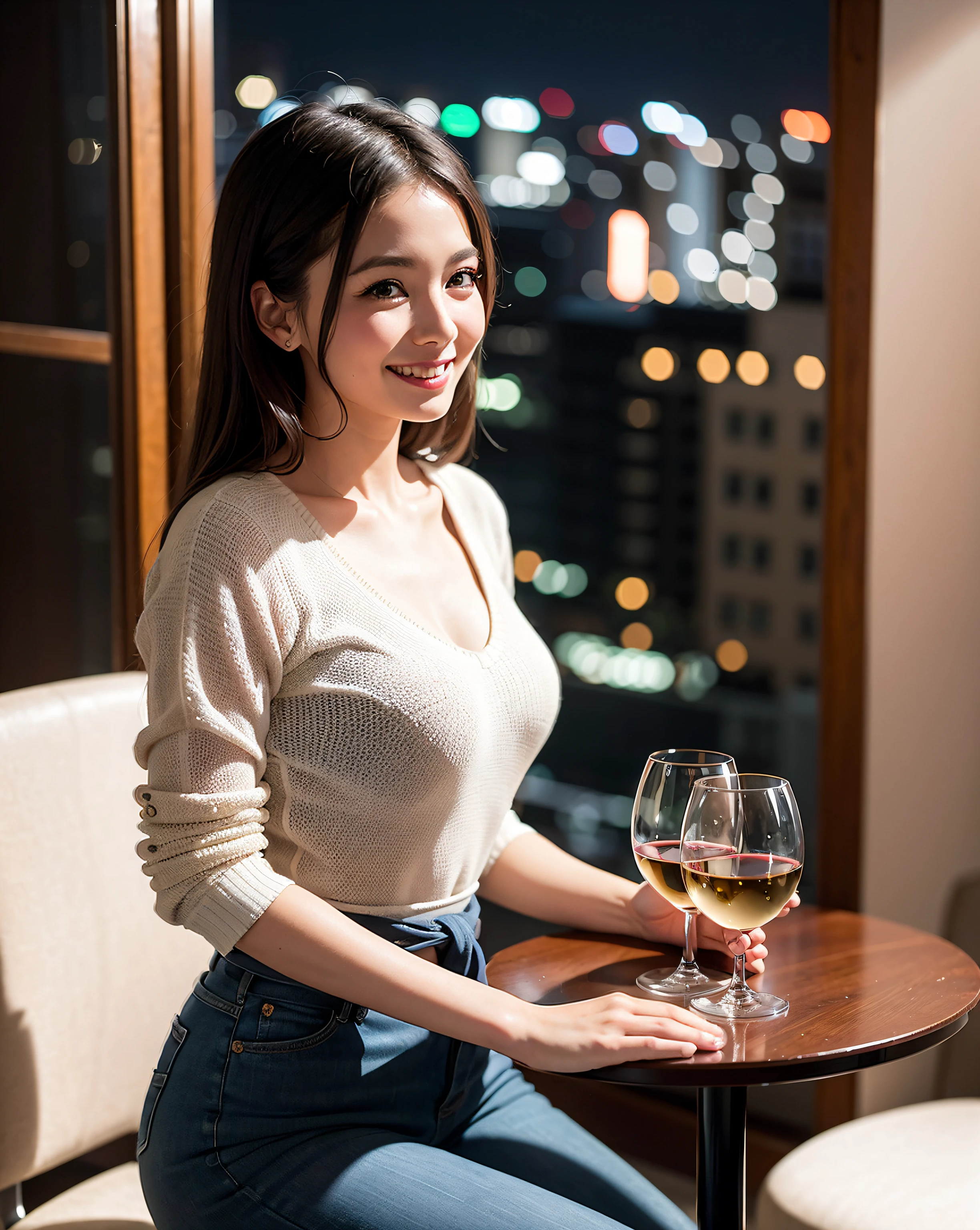 (64K, UHD, top quality, masterpiece: 1.2), (realistic, photorealistic: 1.37), super detailed, pretty woman 1 person, (slim face), (slim body), (brown hair), (short cut), cheeks slightly blushing, (35 years old), 38 years old, solo, beautiful detailed urban night view outside the window, restaurant, wine glasses sit, at night, in a prominent place (from the waist up) NovaFrogStyle, Actress, Model, Waist Up, White Wine, Slim, Wine Glass, Super Clean Night View, Wine Glass Put in the Middle, Happy Smile, (Smile: 1.15), Beautiful Fine Eyes, Upper Body, Bust Japan Up, Night, Short, Short, Actress, Model, Waist Up, White Wine, Slim, Wine Glass, Super Clean Night View, Wine Glass Put in the Middle, Happy Smile,