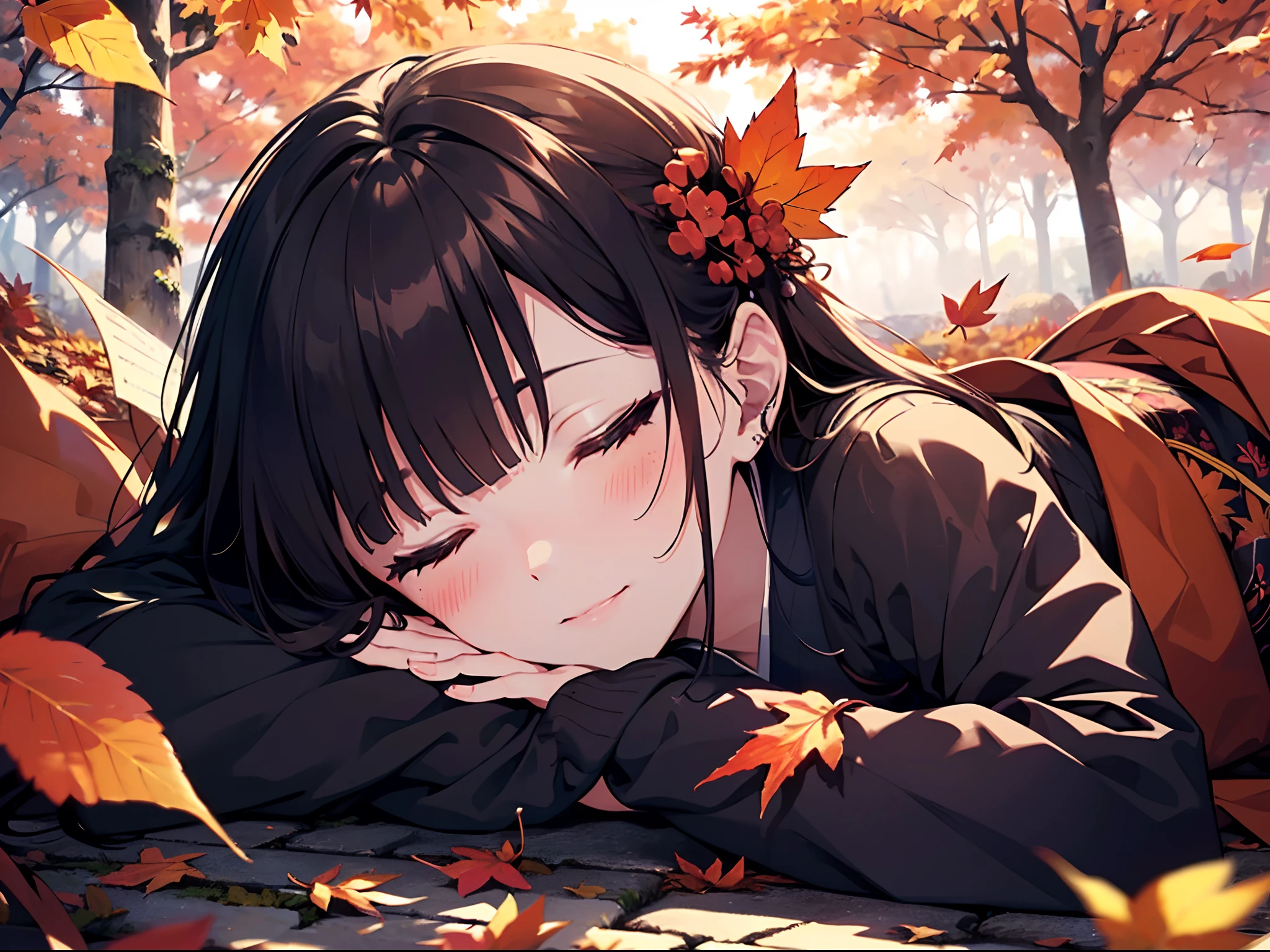 (Official art、Best Quality、Unity 8k Wallpapers、32K、masterpiece、ultra-detailliert、超A high resolution、realisitic、Photorealsitic:1.2)、(Cinematic lighting:1.2)、Fireglow effect、film grains、Best Shadows、Rim lighting、side lights、sideshot、(Ultra-detailed and complex 3D rendering)、Sharp pupils、Realistic pupils、cowboy shot, Highly detailed background、beauitful face、blurry backround、a beauty girl、(super detailed skin、detailed skin textures:1.3)、Close-up of a statue in a field of red leaves, covered with fallen leaves, Red leaves on the ground, Autumn garden, Beautiful Autumn Spirits, covered with leaves, aomori japan, Cute, in autumn, red leaves, in japanese garden, in autumn, during autumn, autum, traditional japanese colors, japan nature、(Sleeping on the ground:1.3)、(outside of house、Kimono、Floral hair ornament、beauty legs)、20Year Beauty、Beautiful black hair、Blunt bangs、eyes are brown、looking happy smile、