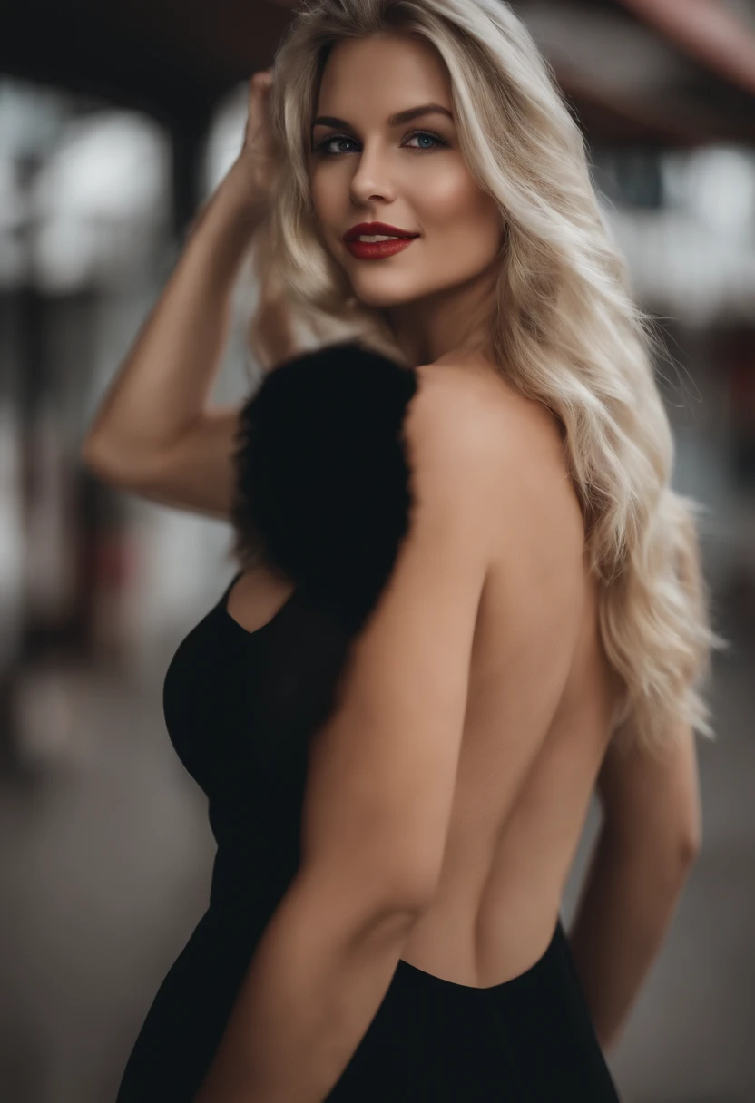 young_blonde_women, gorgeous_light_blonde_hair, 19years, light_blue_eyes, happy_face, slender(fit_body), full_lenght_portrait, light_blonde_hair(full), long_hair, big_boobs, giant_boobs, silicone_boobs, fake_boobs, captured with RED V-RAPTOR XL 8K S35 26,21 x 13,82 mm 8K S35 DSMC3 35,4 Megapixel, shot on a 85mm lens, F 1.2, ultra detailed, photo realism, Prepare for an extraordinary blend of photography and CGI, zoomout_10x, full_body, whole_body,  hyper_realistic, high_resolution, place(street_chicago), time(night), weather(night), tight_clothes,  tight_clothing, clothes(black_dress), black_dress, strapless_dress, black_boots, overknee_boots