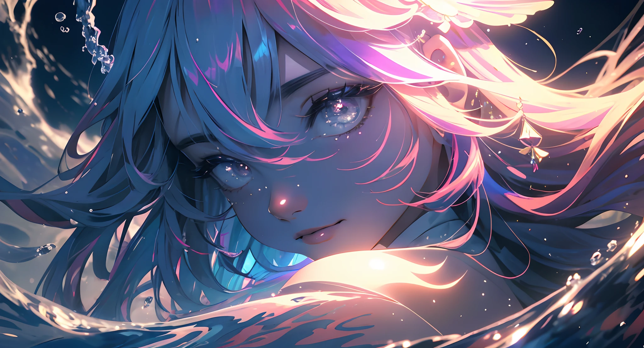 (Masterpiece, Top Quality, Best Quality,watercolour )(medium),official arts, beautiful and aesthetic:1.2),(1girl:1.3), (s fractal art:1.3),upper-body, from side, looking a viewer,Patterns,(Rainbow Color Hair,multi-colored hair,half blue and half pink hair:1.2),water,Liquid, Cloud,Colorful, starry,Stars,a closeup of a, big eyes, eyes, compound eyes, Unique students, Unusual pupils,Starry sky, Stars in the background, shining halo,((Ultra-detailed retina:1.5)),embarassed, (midriff),((ultra detail eyes:1.5)),((extremely detailed CG unity 8k wallpaper,Masterpiece, Best Quality)), ((Ultra-detailed:1.2)),(better lighting, better shadow, extreamly delicate and beautiful),(extremely detailed CG unity 8k wallpaper,Masterpiece, Best Quality, Ultra-detailed),(better lighting, better shadow, extreamly delicate and beautiful),(the perfect body: 1.5)