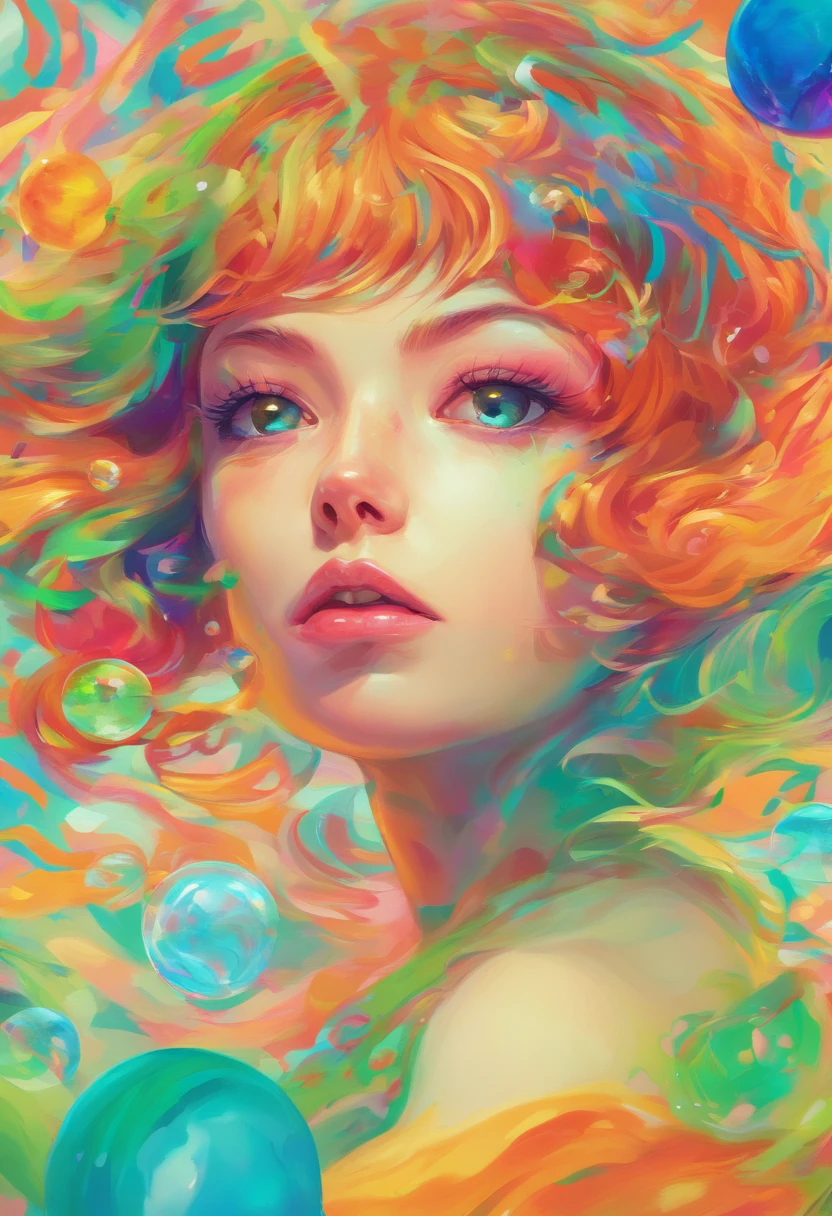 ((top-quality, 8K)), (Realistic), (Face Focus: 1.1), (cyan colors:1.3), (Green and purple colors: 1.2), Kawaii Girl, short-hair, Hair fluttering in the wind, Falling from the sky, Falling to the ground, Eyes closed, (Sleeveless: 1.1)、Skirt, the skirt is swaying in the wind, D Cup Breasts, Countless soap bubbles, (Soap bubbles are red, yellow and orange:1.2),