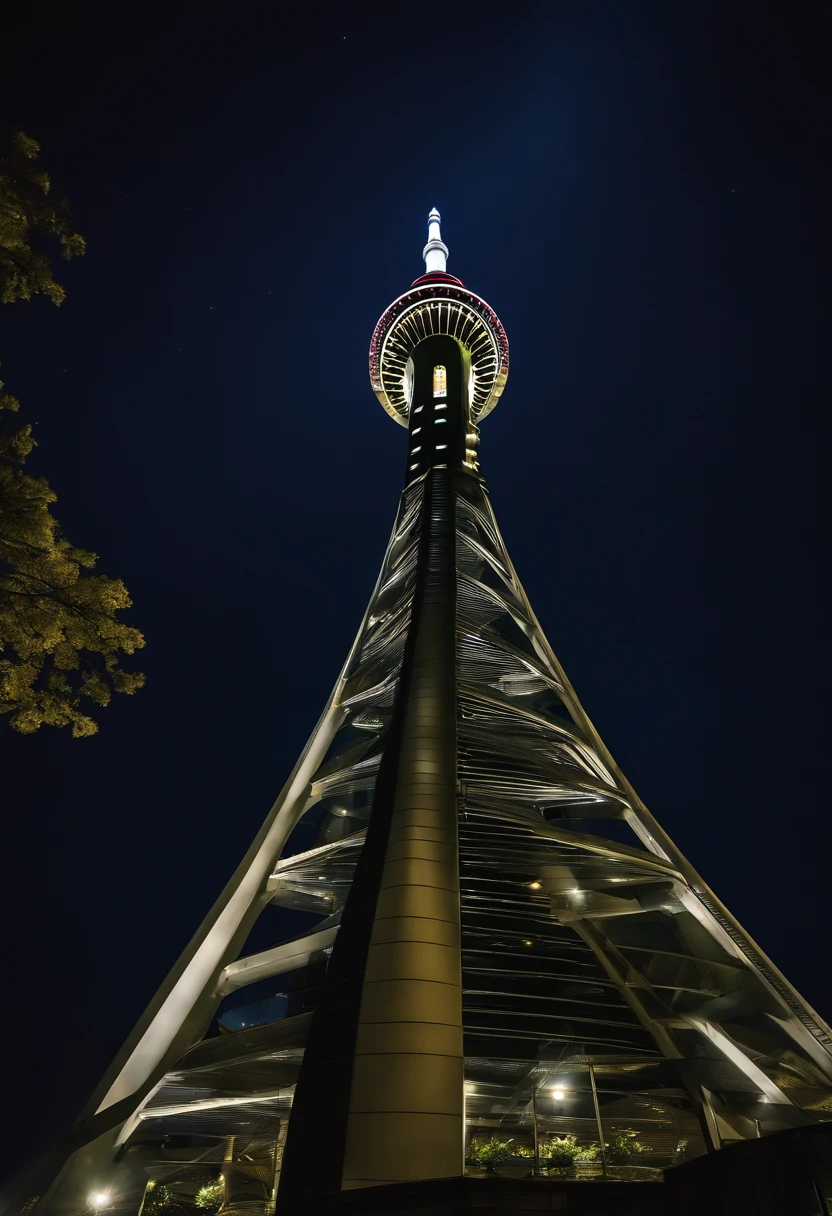 ((skytree)) Looking up from directly below, cinematic lightening, ((Night with moonlight and stars)), Core Low Key, top-quality, Hyper-Resolution, Hyper-Realism, sharpness