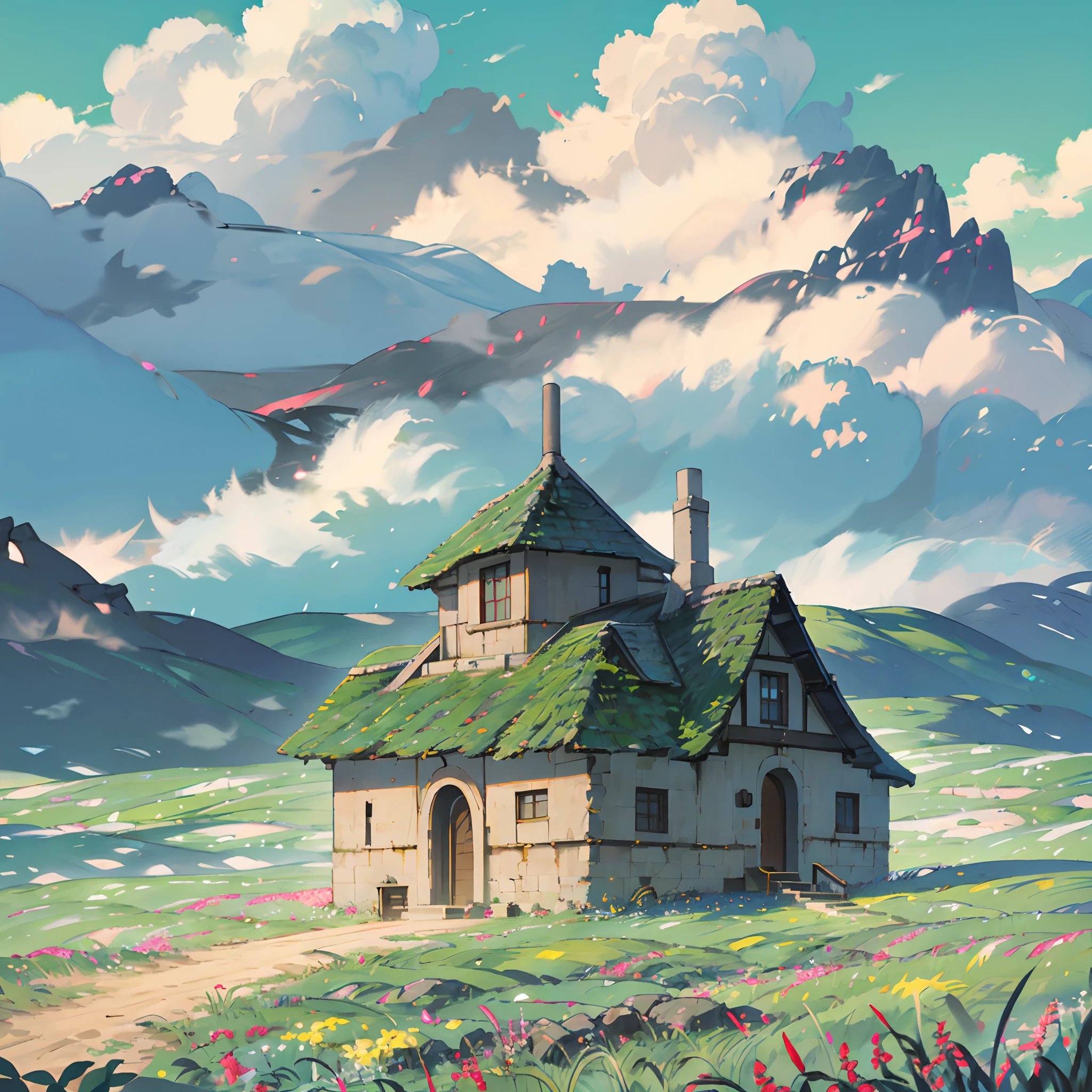 Minimalist art style,Clear bright sky,A very distant perspective,In the wheat field。Anime characters,ultra - detailed,Highly realistic,tmasterpiece,8K,hyper HD,,Overlooking