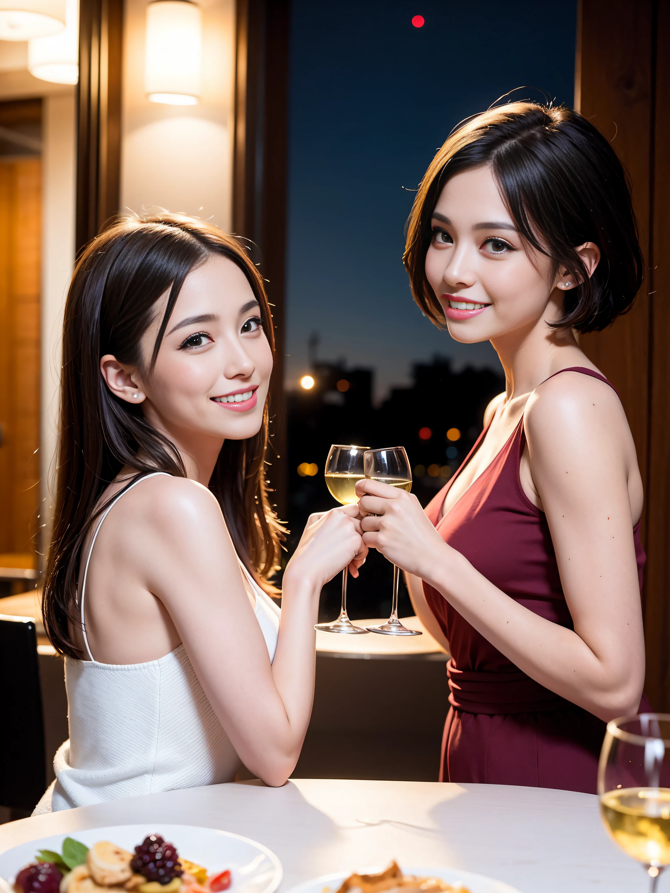 (64K, UHD, top quality, masterpiece: 1.2), (realistic, photorealistic: 1.37), super detailed, pretty woman 1 person, (slim face), (slim body), (brown hair), (short cut), cheeks slightly blushing, (44 years old), 38 years old, solo, beautiful detailed urban night view outside the window, restaurant, wine glasses sit, at night, in a prominent placeNovaFrogStyle, Actress, Model, Waist Up, White Wine, Slim, Wine Glass, Super Clean Night View, Wine Glass Put in the Middle, Happy Smile, (Smile: 1.15), Beautiful Fine Eyes, Upper Body, Bust Japan Up, Night, Short, Short, Actress, Model, Waist Up, White Wine, Slim, Wine Glass, Super Clean Night View, Wine Glass Put in the Middle, Happy Smile,