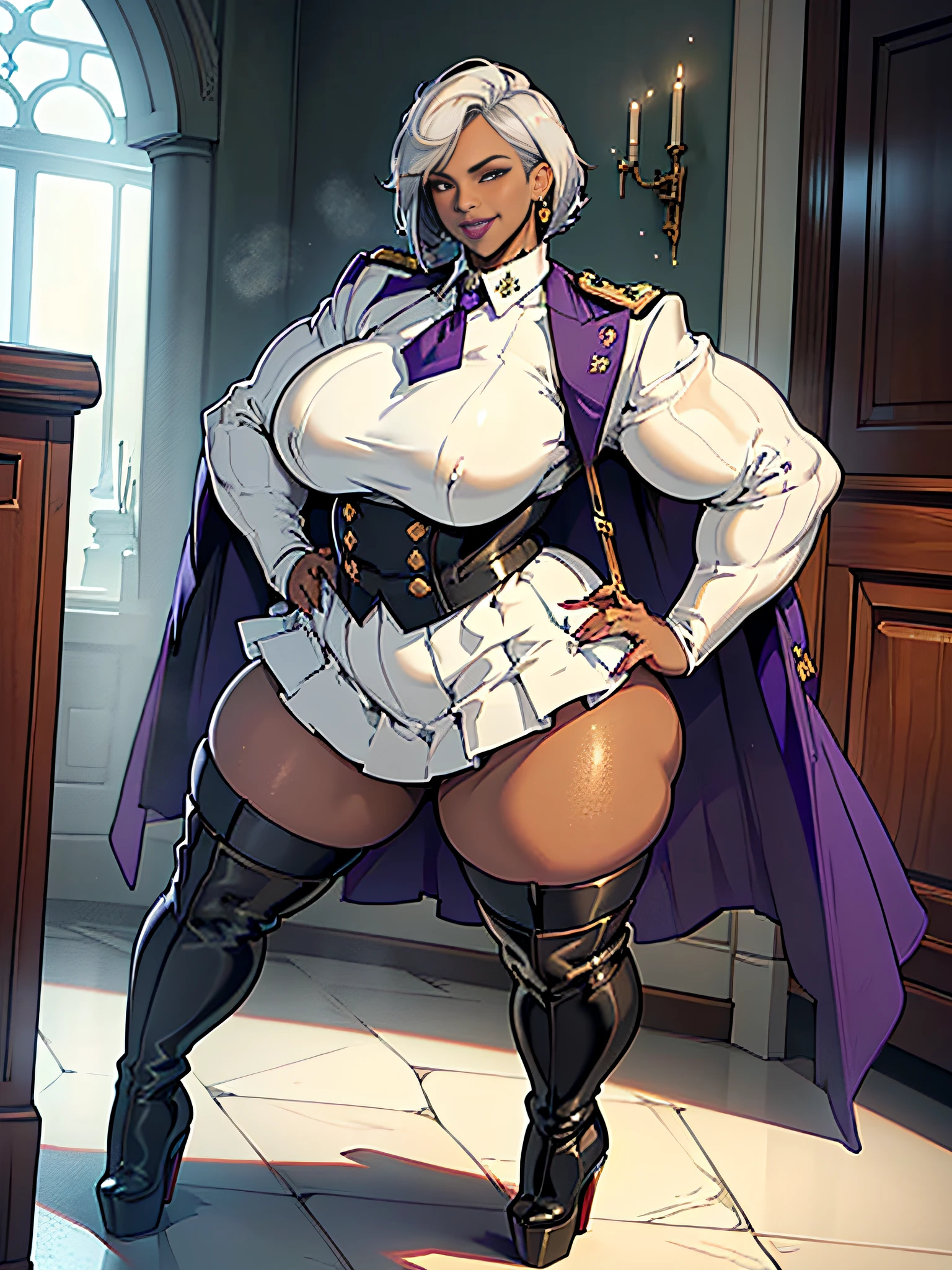 Elaborate CG artwork, (best qualtiy, exquisite detailing, absolute masterpiece), (Head to Toe Image)), ((Full body image)),((Mature woman and boy)),(Plus size model)),((White tight military uniform and white pleated mini skirt,White high-heeled thigh boots)), (((mahogany colored dark skin))),(((Light silver hair))), ((shorth hair,Graduation Bob)),(Half-naked and blindfolded with a collar、Beautiful with mahogany black skin with gagged boy leash、Immaculate costume、Wear white high-heeled thigh-high boots),Detailed beautiful mature face, very detailed beautiful face and eyes, (detailed seductive and sharp eyes), (plump shiny purple lips)), (Purple Eye Shadow), blush, (sadistic seductive smile), (Curvaceous), ( unbelievably huge curvaceous hips), (very huge sensual ass), (ridiculously massive thick thighs), (glittery skin), (wet oily skin), Fingernail Art, Jewelry, Bracelet, hoop earrings