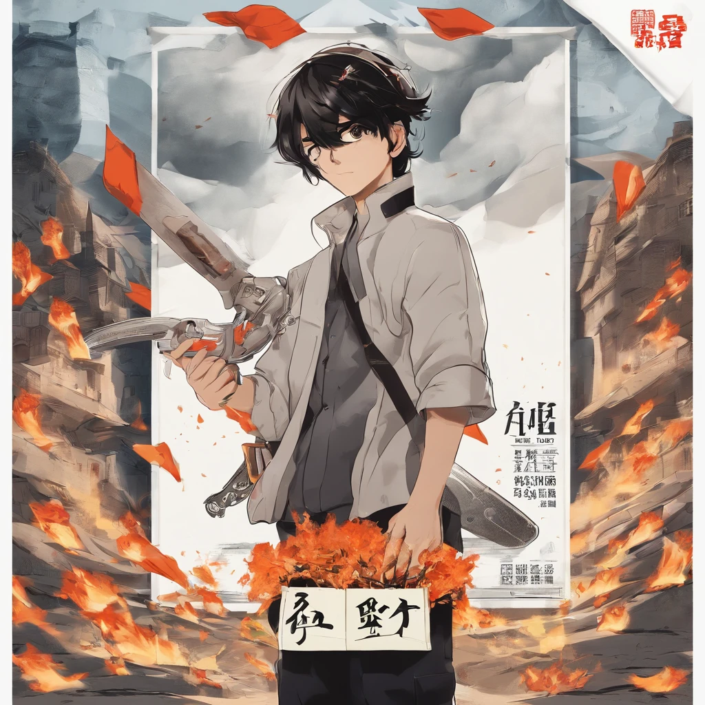 There was a boy holding a billboard in his hand,daoshu, 千 葉 雄 大, Fire punch, komono, zmonzheng