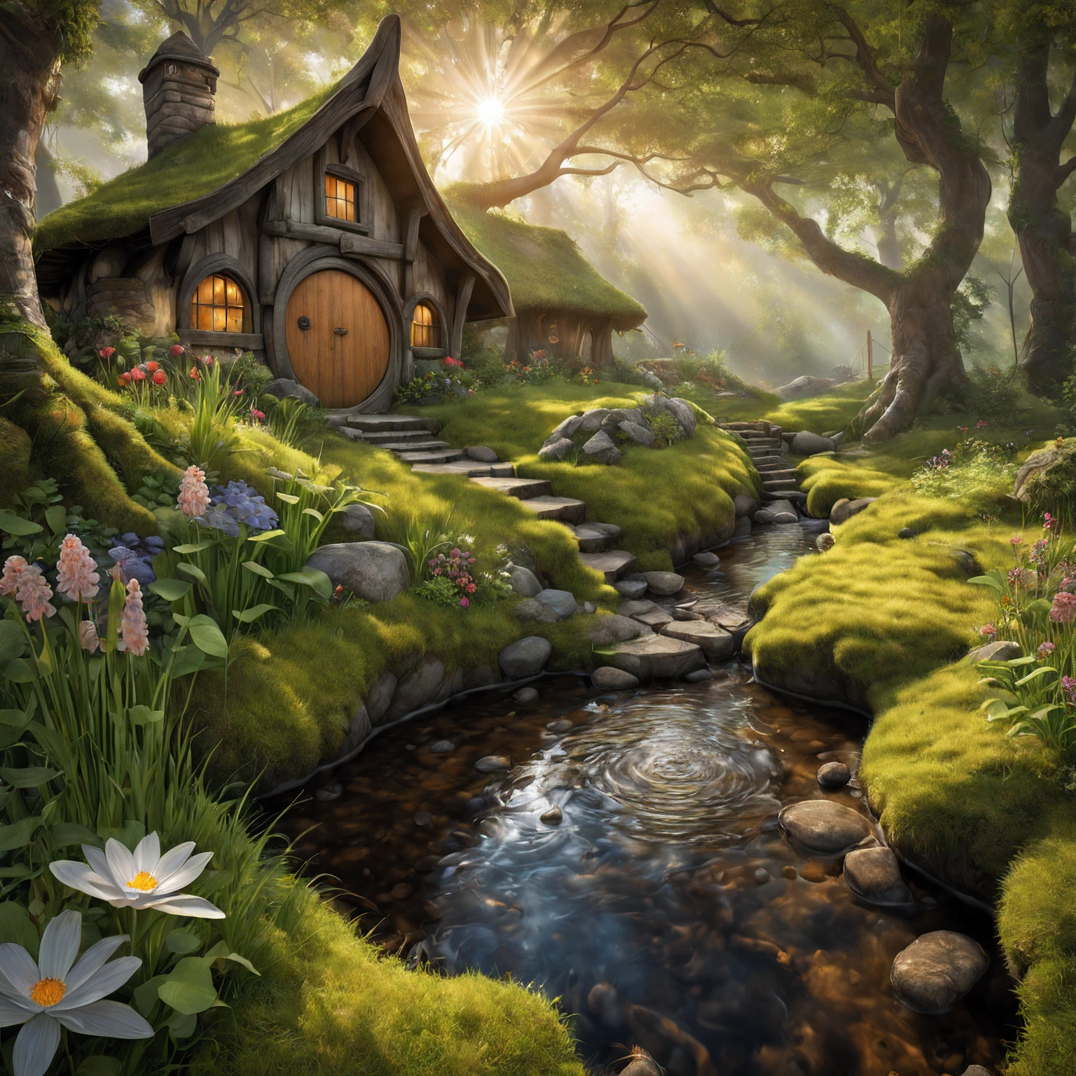 Raw photo, 8k uhd, dslr, photo-realistic, hyperrealism, 8k resolution, hdr, highly detailed, ultra detailed. 
The house of the hobbit in the birch grove near the stream. 
(The dwarf catches fish). 
Moss, a little morning fog, dawn, sunrise, rays of light through the leaves of trees, flowers on the grass, bright little butterflies, frogs in the water of the stream.