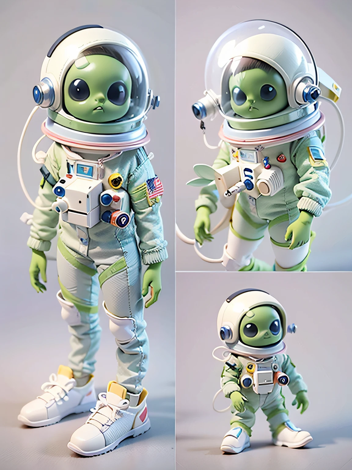 Cartoon alien astronaut with space rocket,shoe，，Transparent helmet，shaggy，adolable， cute 3 d render, Astronaut,Alien robots,Body proportions：1:1,,star war，Alien ET