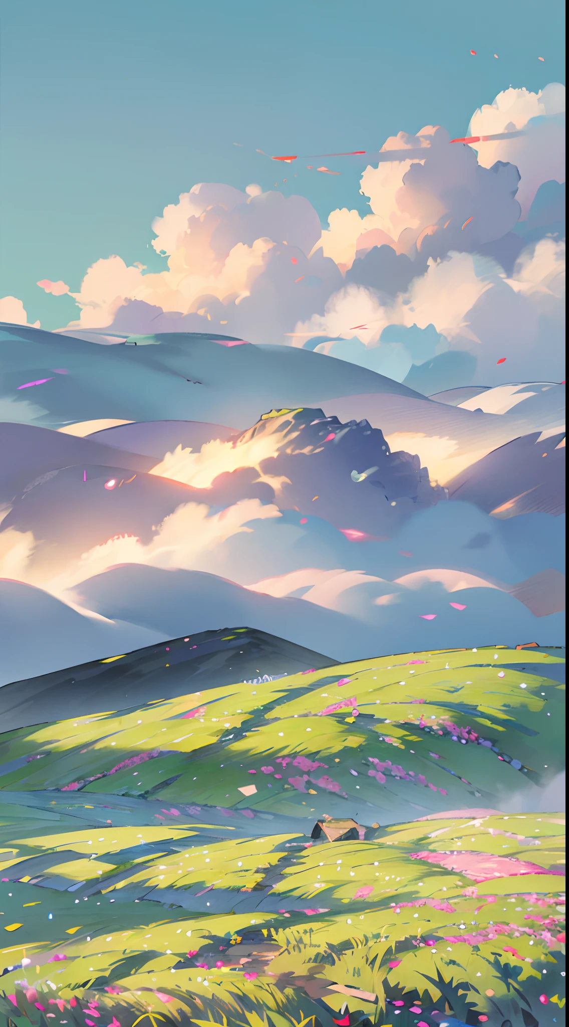 Minimalist art style，Clear bright sky，A very distant perspective，In the wheat field。Anime characters，ultra - detailed，Highly realistic，tmasterpiece，8K，hyper HD，，Overlooking