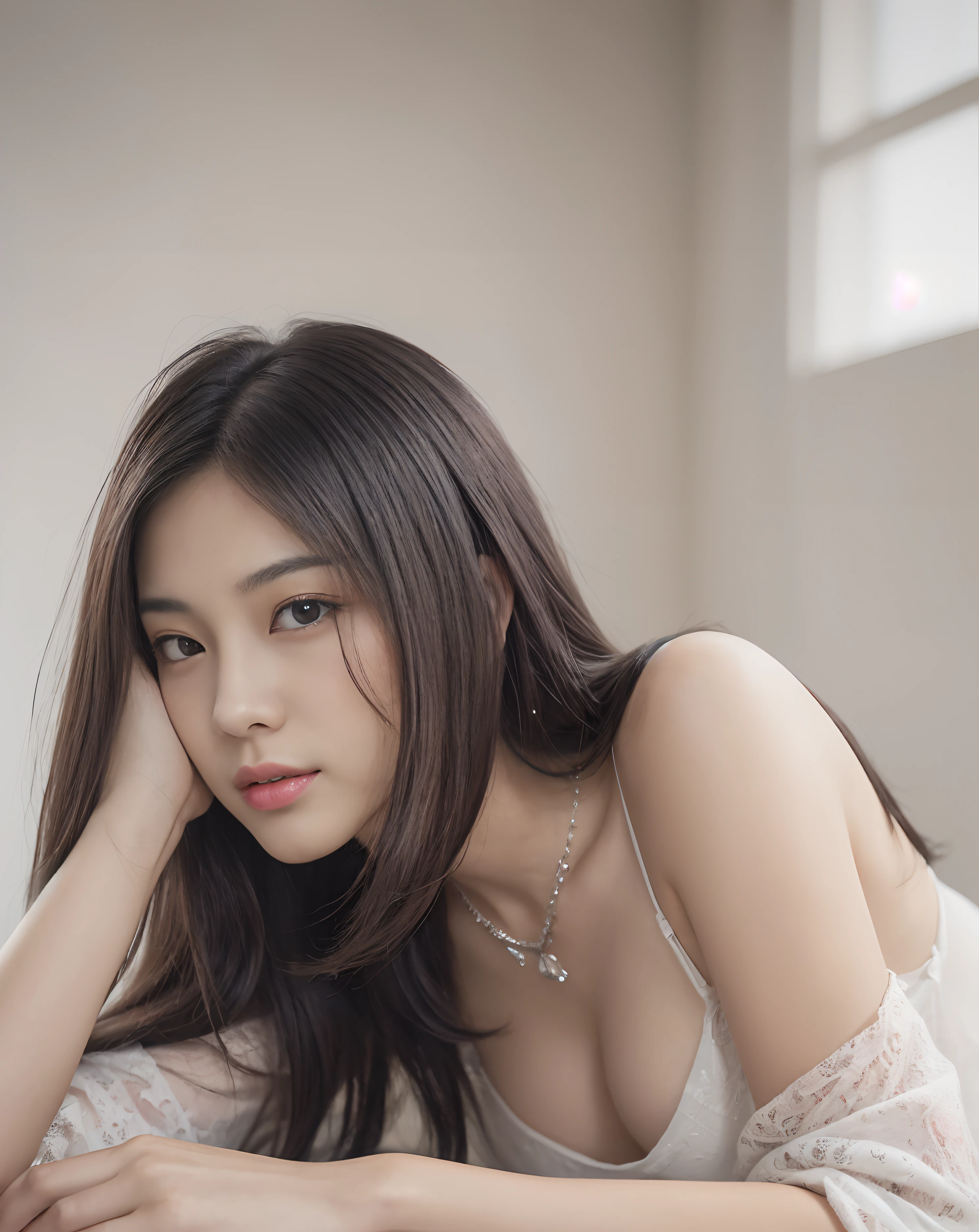 (masutepiece:1.3)、(8K、photographrealistic、Raw photography、top-quality: 1.4)、super definition、Anatomically correct、Textured skin、((((1girl in、Solo))))、((Shooting for one person only))、beautiful expression、(Realistic face)、Korean model(A dark-haired,Center division、long:1.3)、Chinese models(A dark-haired、Center division、long:1.3)、More Korean than Chinese、Realistic eyes、real looking skin、Beautiful details、Beautiful skins、(lightsmile)、超A high resolution、(Hyper-realistic)、Anatomically correct、Textured skin、Sharp jawline、Perfect proportions 、((Plump bust))、Necklace, look at viewr, shoot from the side