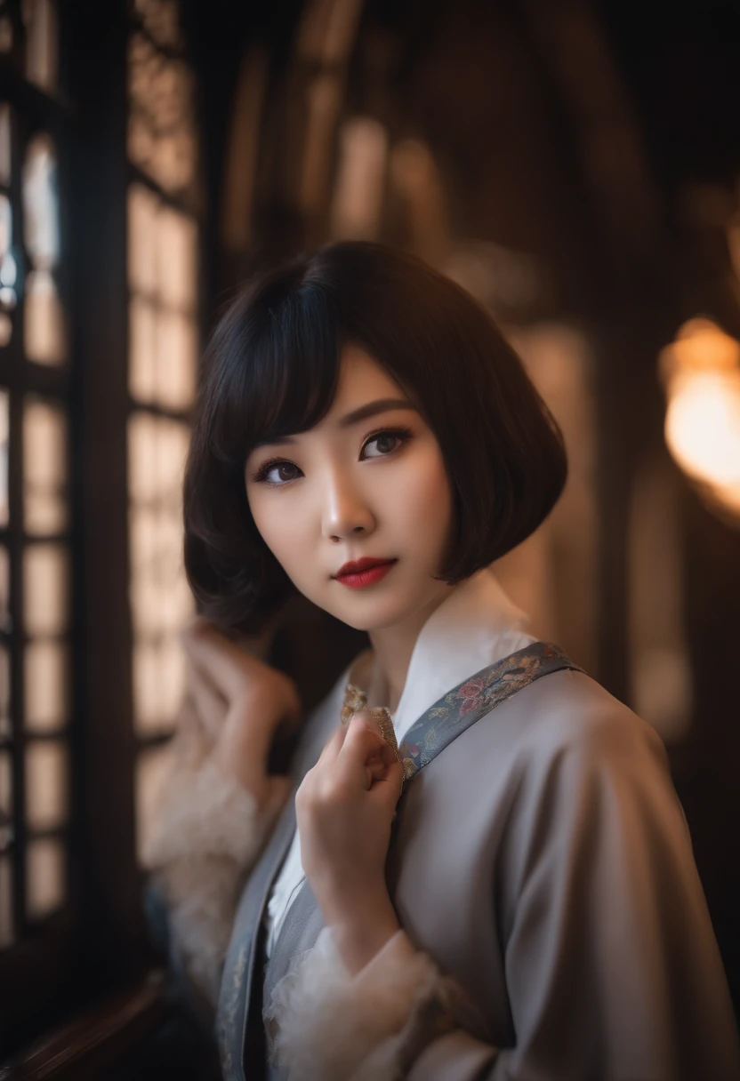 beautiful japanese female、A dark-haired、Bob Hair、Universal Studios、Hogwarts Cosplay