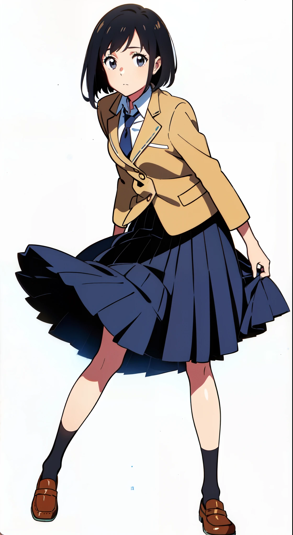 (white background:1.2), (best quality:1.0), (masterpiece:1.0), (full body:1.0), (solo:1.0), (1 cute girl:1.0), (long skirt:1.0), (dark blue skirt:1.0), (pleated skirt:1.0), (school uniform beige blazer:1.0), (dark blue necktie:1.0), (black socks:1.0), (loafers:1.0), (lanky:1.0), (tall:1.0), (slender:1.0), (small breasts:1.0), (detailed beautiful eyes:1.0), (detailed beautiful face:1.0), (glowing black eyes:1.0), (short hair:1.0), (strait hair:1.0), (black hair:1.0)