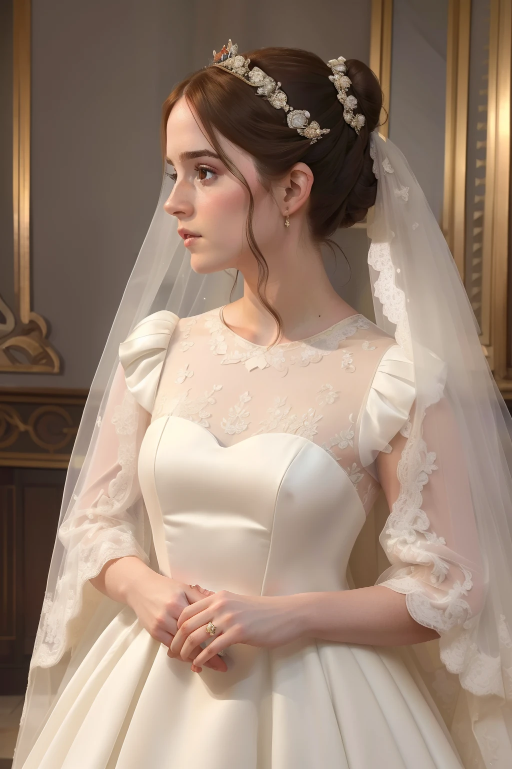 year: 2023. Location: madrid. Pre-Raphaelite scene with a 32-year-old Emma Watson, Luxurious room, ((((panic attack)))), panicky, nervous, ((((2020s simple Wedding Dress)))) ((Hairstyle of the 2020s, bare Low bun)), ((("OMITB" cinematography)))