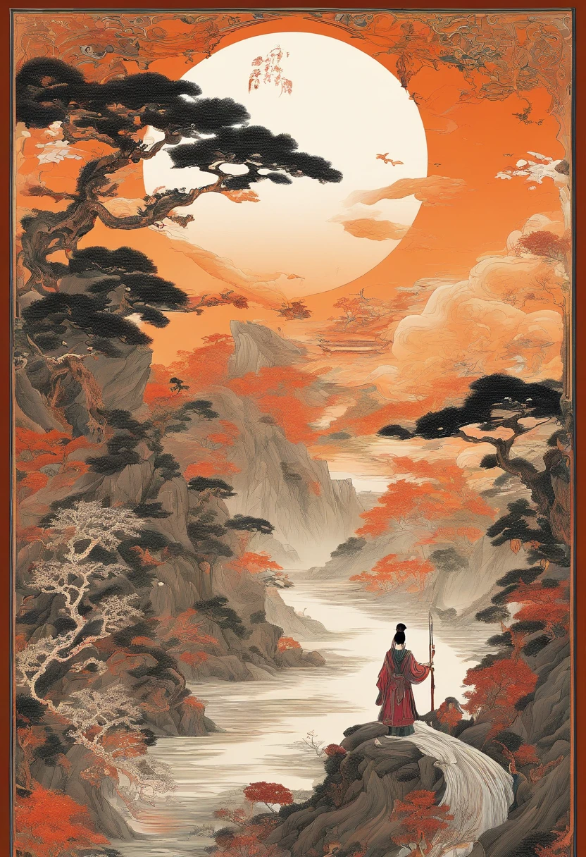 Tang dynasty style,A cliff illuminated by a huge moon,Woman standing on the edge of a cliff,Ultra-long-range viewing angle,orange tint,There is a woman in the painting,long white hair,swordsmen, A long sword,the night,2D,realistic detail, k hd