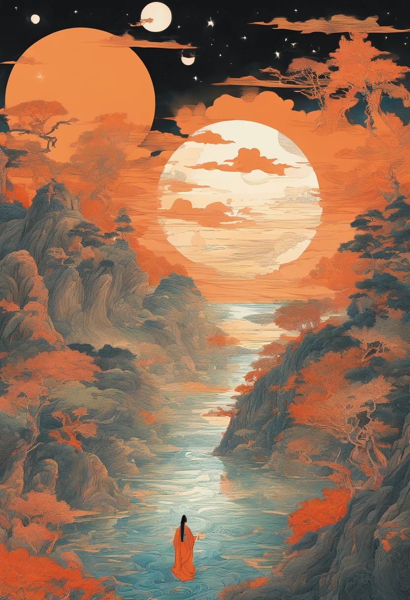 Tang dynasty style，A cliff illuminated by a huge moon，Woman standing on the edge of a cliff，Ultra-long-range viewing angle，orange tint，There is a woman in the painting，long  white hair，swordsmen， A long sword，the night，2D，realistic detail, k hd