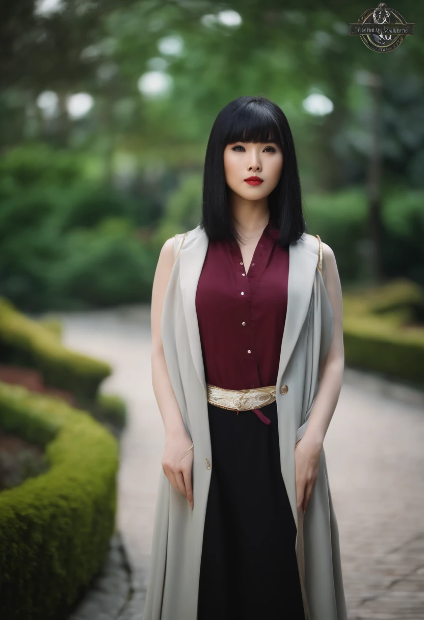 beautiful Japanese woman, black hair, straight bob hairstyle, Universal Studios, Hogwarts cosplay, highres, ultra-detailed, vivid colors, studio lighting, portraits