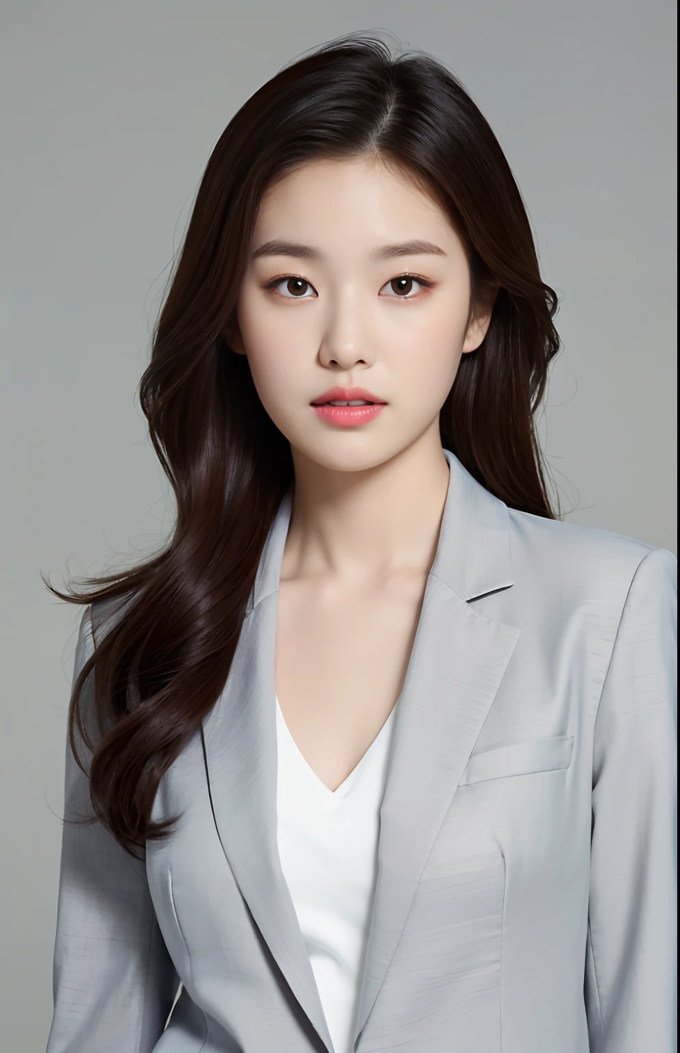 Best quality,masterpiece,ultra high res,(photorealistic:1.4),1girl, in studio, pastel gray background, wearing white formal blazer, fall clothes
