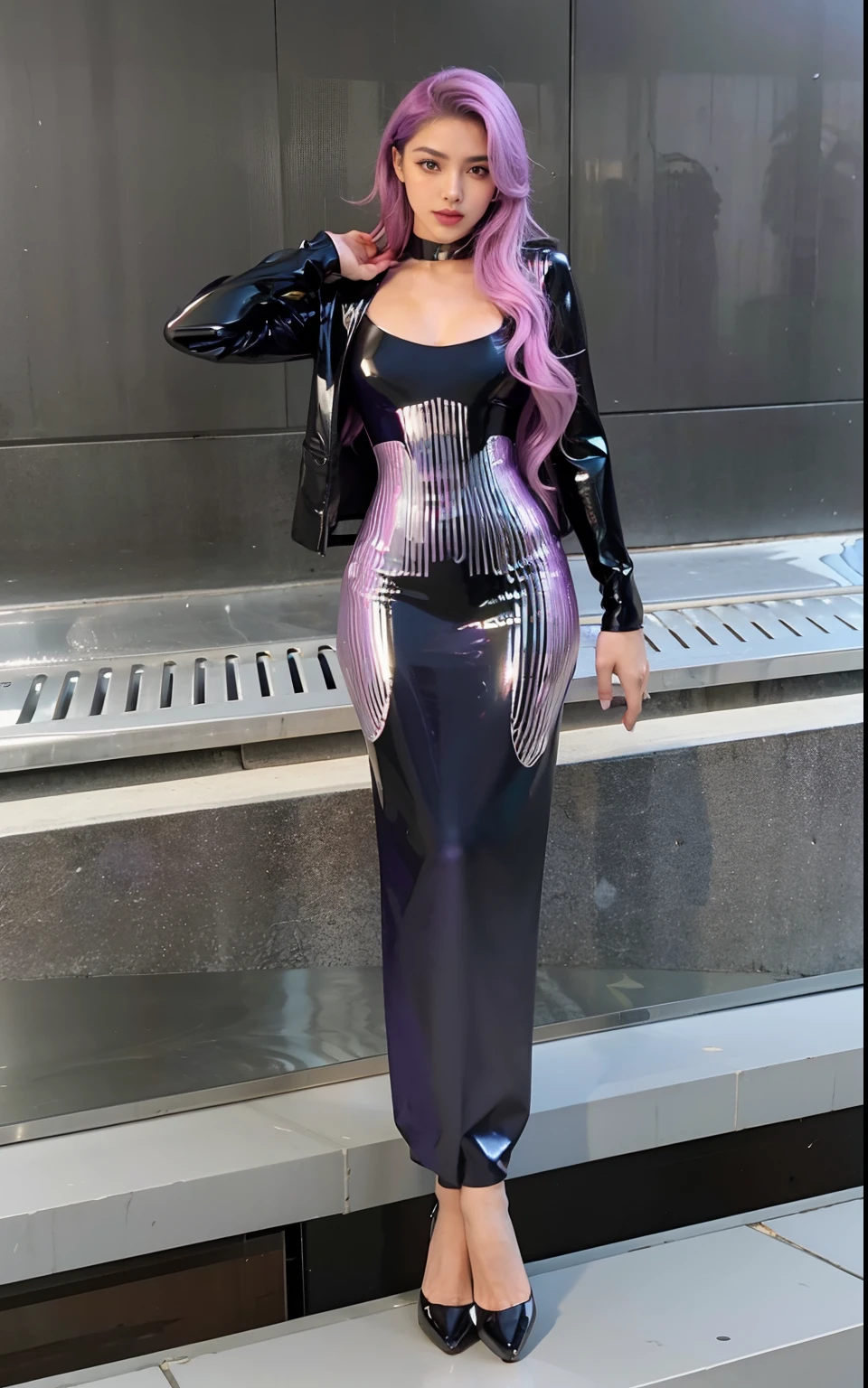 (cyberpunk) pink hair, straight hair, woman in long dress, tanned skin, blue eyes.
