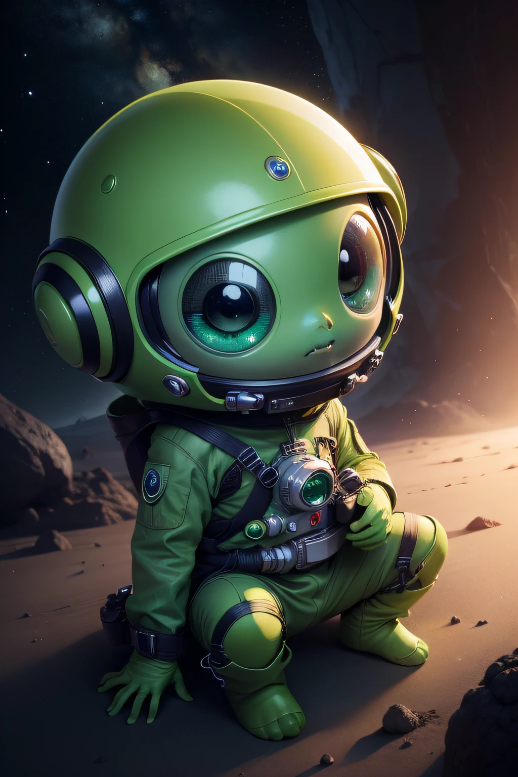 Create an image of a alien with green skin and big eyes,It's lovely,Looks like an explorer,wearing spacesuit,