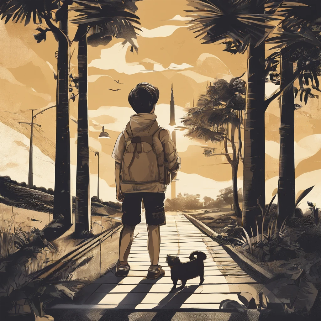 There was a boy holding a billboard in his hand,There is a row of trees next to it,There are street lights;Advertising design