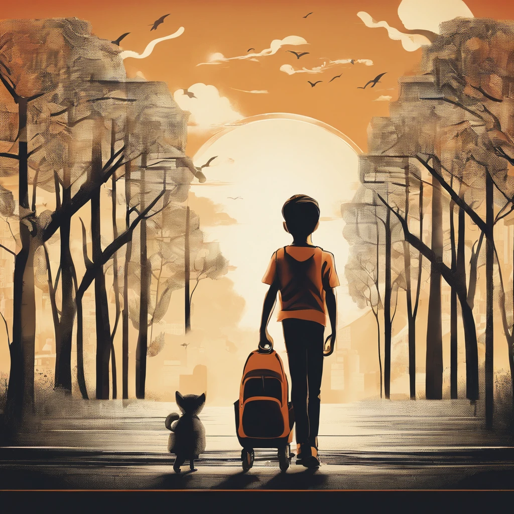 There was a boy holding a billboard in his hand,There is a row of trees next to it,There are street lights;Advertising design