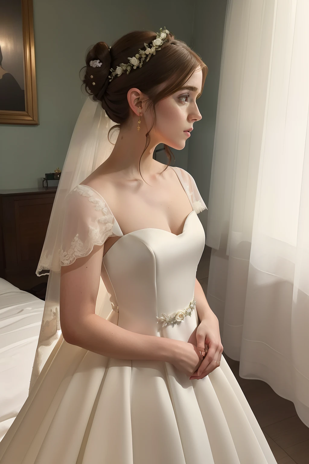 year: 2023. Location: madrid. Pre-Raphaelite scene with a 32-year-old Emma Watson, Luxurious room, ((((panic attack)))), panicky, nervous, ((((2020s simple Wedding Dress)))) ((Hairstyle of the 2020s, bare Low bun)), ((("OMITB" cinematography)))