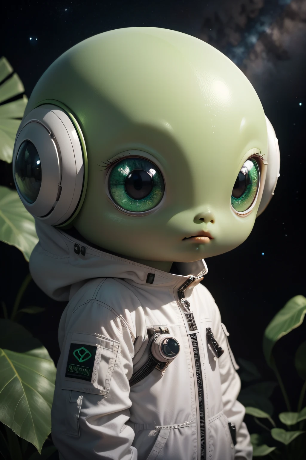 Create images of a small alien with green skin, ojos grandes y espinas por todo el cuerpo que es lindo y parece un explorador