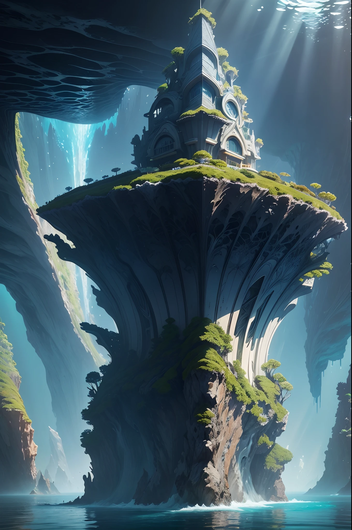 Masterpiece, top quality, best quality, official art, beautiful and aesthetic:1.2, extreme detailed, (fractal art:1.3) Submerged beneath the ocean's surface, the Underwater House is a sleek, high-tech abode offering breathtaking views of the mesmerizing marine world. Large, transparent panels allow you to watch the aquatic ballet of fish and other sea creatures from the comfort of your home