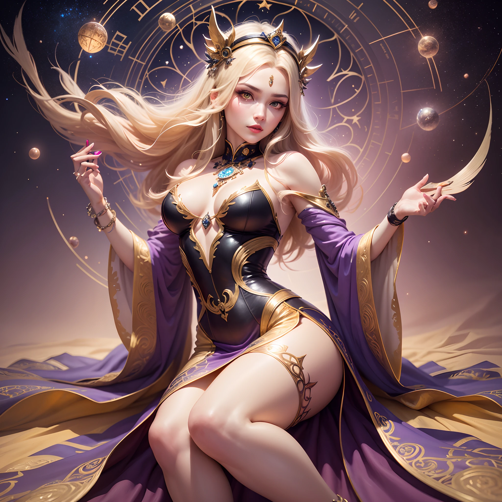 quality, 8K Ultra HD, highly detailed, masterpiece, super realistic, full body, Beautiful woman, large and bright eyes, well-balanced face, faint smile, soft shading expresses beautiful skin texture, silk material, elegant dress, Graceful curve from ankle to toe, leather pumps, light reflection on the floor, ornate embroidery and embellishments, an elegant necklace, thin bracelets on the wrist, rich and lustrous hair, three dimensional effect, Albert Anker, Feeling like John Howe, Greg Rutkowski, Artgerm, WLOP, Alphonse Beeple, luminism, 3d render, octane render, Isometric, by yukisakura, awesome full color,
27-year-old girl, 1 zodiac goddess from the future, goddess of the pink and purple 12 zodiacs, the goddess of the zodiac in a yellow ao dai, a 12 zodiac ao dai with many black lace detail, mythology Goddess of the 12 zodiacs from the future, zodiac ♏, luxurious glittering zodiac style, dark and mysterious version, zodiac crown, lipstick lips red, thin and beautiful lips, mouth closed, characters made by karol bak and pino daeni, intricate detail, detailed background, extremely detailed, light magic, a woman, clear face, hair long with bangs, beautiful face in detail and well-proportioned eyes, (transparent yellow eyes: 1.8), big round eyes and very beautiful and detailed makeup, foresight, silk dress, mysterious makeup , double bangs and dyed light blonde , upper half portrait, zodiac goddess portrait, arms hanging loosely, Realistic and vivid photo, (stars make up the zodiac: 1.7), (sky background zodiac and fictitious space and time portal: 1.8), fiction art, RAW photo, hanfu picture, best photo, best photo quality, 8k quality, 8k ultra, super realistic, real photo most economical, the goddess poses sexy and seductive, - --auto --s2