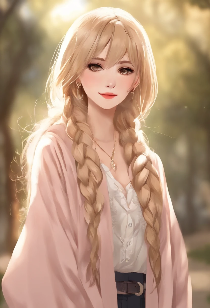 (((anime))), ((animado)), (Talvez), medium hair, (braid hair:1.3), (franja contundente:1.2),Cabelos em dois tons, blonde hair, (cabelo rosa), Rosto redondo, olhos vermelhos, (Droopy Eyes), (((tareme))),pink lip,penetrante,colar,[pele negra], Sorriso leve, ((((fofo)))), Beautiful, 1 girl, sozinho, (cardigan:1.4), [recorte de clivagem],sinal de paz,fundo bonito,(sala de aula:1.5),Noite,sunlight,Backlighting,master part,best quality,primoroso,8k,absurdos,illustration super fine,(Olhando para o Viewer)