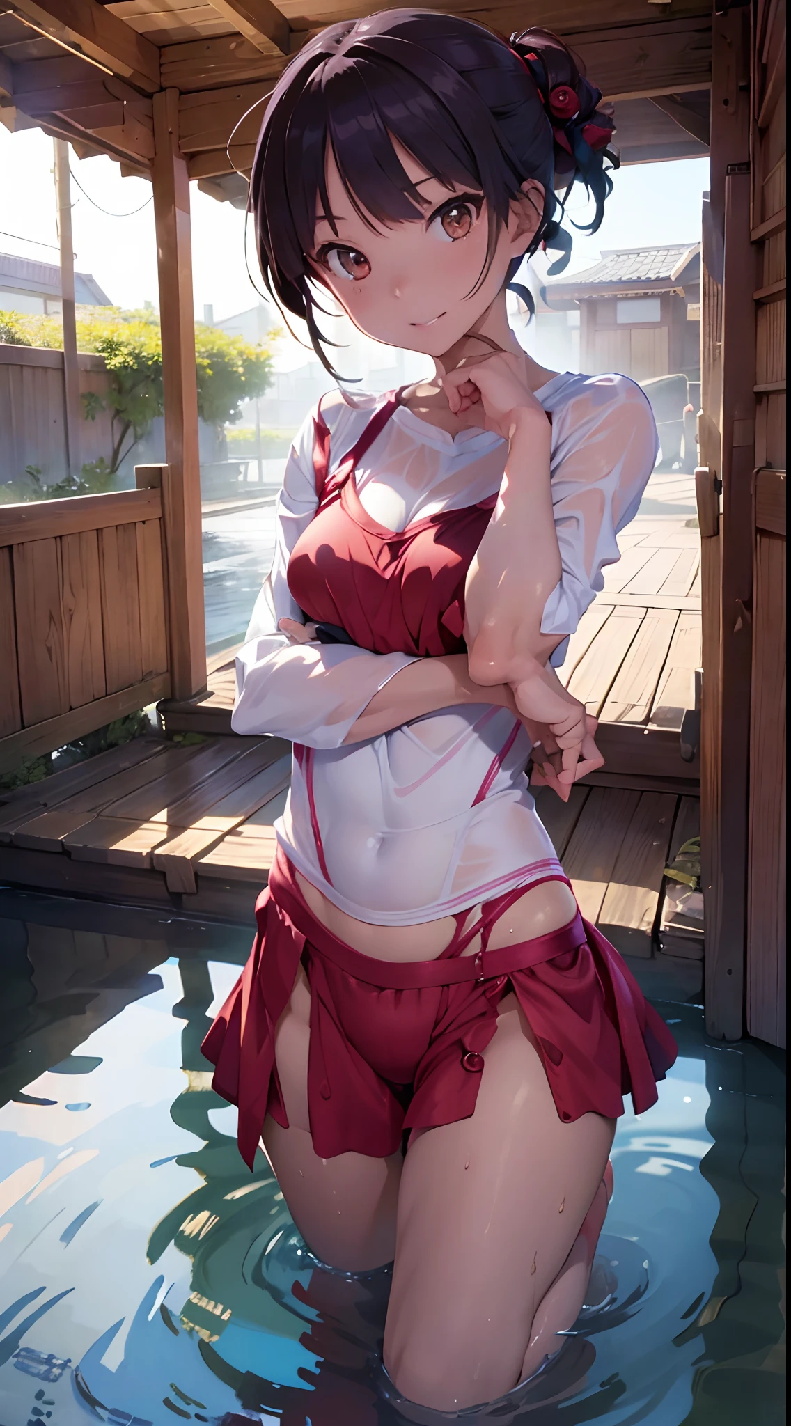 One lady,,japanes,((())),Full body portrait,,Wet with sweat,A smile,Clothes are wet,(((Satin Narico)))High quality, detail, Depth and finesse。stares at the camera。Use of fisheye lenses、Beast hairstyle ban、Maintain finger shape、impact-resistanthigh-quality, detail, Depth and 3D effects。Worthy of 16k wallpapers。The texture of the material changes.、Realistic expression.。Official art。Natural light,((Realism: 1.2)), dynamic far view shot,Cinematic lighting, Perfect composition, by sumic.Has a small, ultra-detailliert, Official art, masutepiece, (Best Quality:1.3), glint, Highly detailed CG Unity 16K wallpaper, Detailed background, masutepiece, Best Quality, (masutepiece), (Best Quality:1.4), (超A high resolution:1.2), (hyper realisitic:1.4), (Photorealistic:1.2), Best Quality, High quality, hight resolution, Detail Enhancement,((())((()))