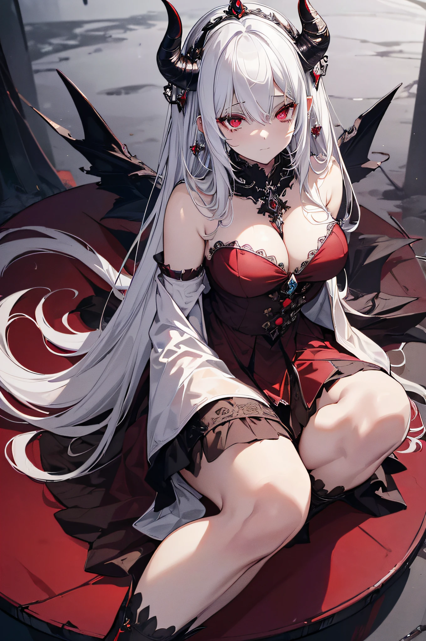 (best quality,ultra-detailed,highres:1.2),ung girl,white hair,dark red eyes (darkred eyes:1.1),dark aura(aura:1.1),(mysterious,haunting:1.1) atmosphere,looks like a half demon,(demonic features,demon-like characteristics),(elaborate,ornate) earring,(dark,royal:1.1) crown, nsfw, big breast, thick thighs