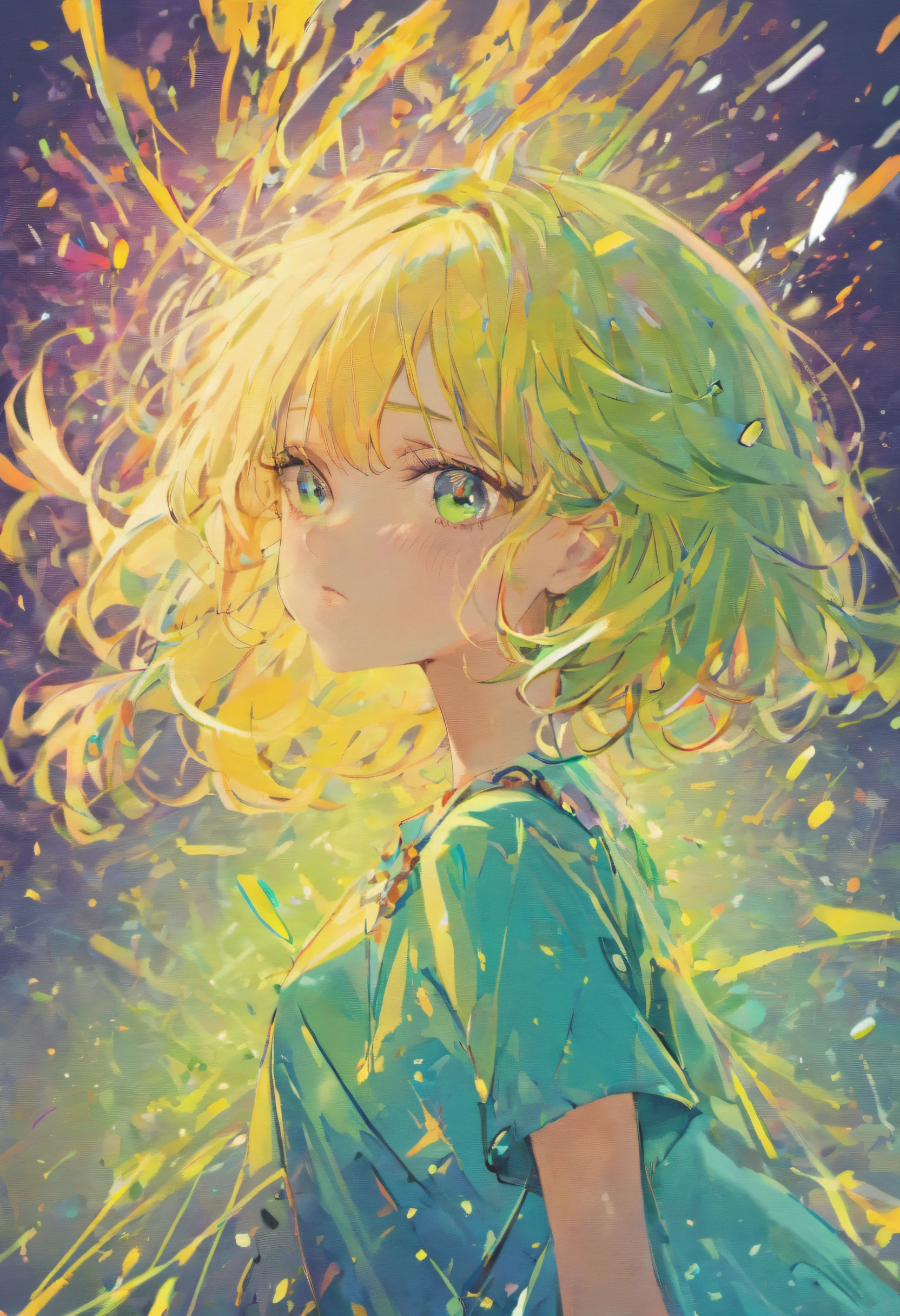 (tmasterpiece、best qualtiy、A high resolution),white backgrounid,((paint splatter,splash of color,Splash ink、Color splattering)),(tmasterpiece、top-quality、top-quality、offcial art、slightly detailed、aestheticly pleasing:1.2)、(1girl in),Big green crystal eyes,Rainbow hair,Pink lips,Lateral face,The upper part of the body