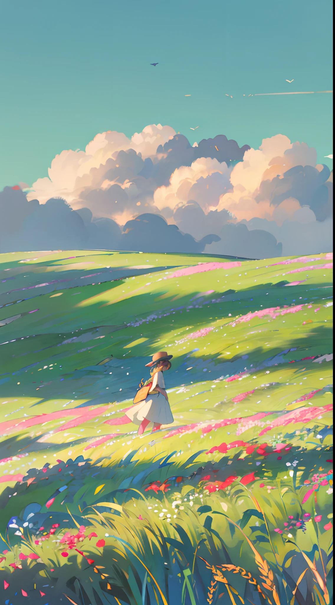 Fresh painting style，Clear bright sky，The perspective of looking up，In the wheat field。Girls play，Keep your hands out of the sun，Anime characters，ultra - detailed，Highly realistic，tmasterpiece，8K，hyper HD，