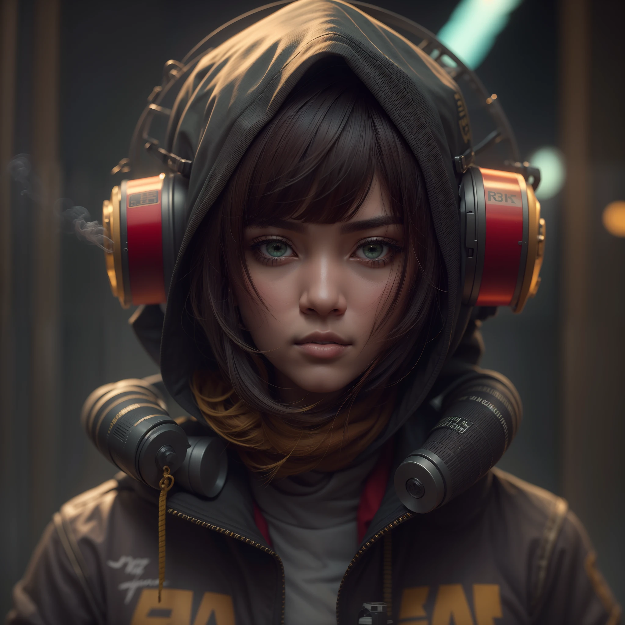 Young malay girl of 20 years of age, golden brown short hair, bob haircut with bangs, gran trasero y grandes senos, cabello color rojo, usando una sudadera blanca, con capucha, with a Cyberpunk-style gas mask, muy detallado cg, textura detallada, hiperrealista, 8 k resolution, 32k resolution, cinematic lighting, high resolution, ojos color verde intenso, shallow depth of field, cinematic color, cinematic lighting, eye level shot, smoke effect,