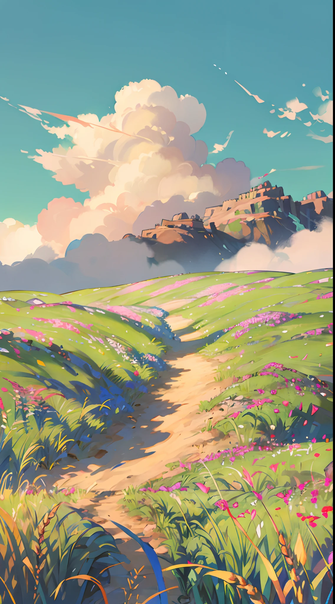 Fresh painting style,Clear bright sky,The perspective of looking up,In the wheat field。Girls play,Keep your hands out of the sun,Anime characters,ultra - detailed,Highly realistic,tmasterpiece,8K,hyper HD,