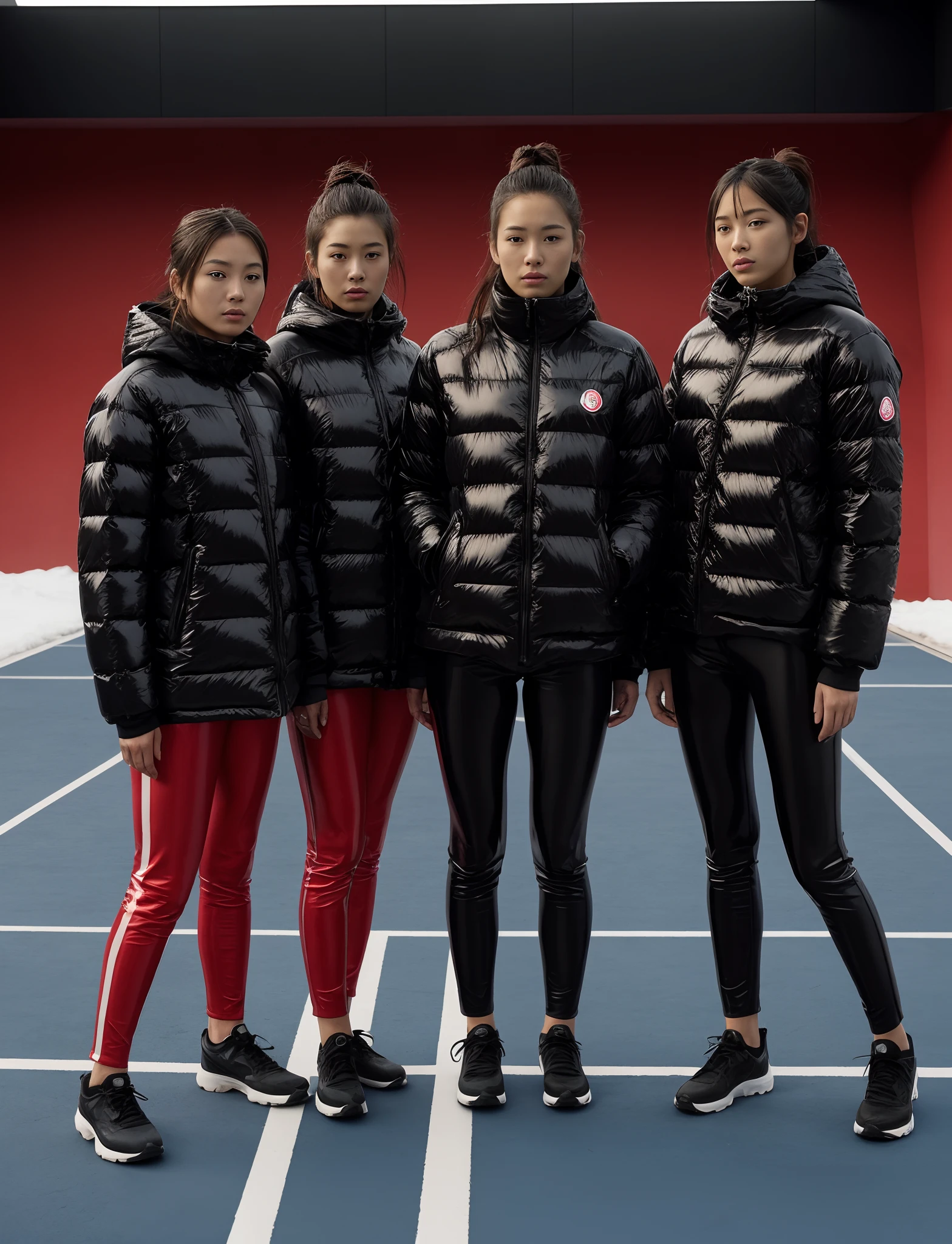 red cross emblems, an empty stretcher in the foreground on the bottom, sad japanese girls, unlucky but pretty japanese girls in moncler coats, japanese girls in laquered puffer coats and shiny vinyl leggings, vinyl leggings, moncler coats, shiny down coats, laquered downcoats, high shine laqplastic coats, laquered Moncler downcoat, high shine laquered coats, moncler, four women in black down jackets standing on a blue field, godesses, 💣 💥💣 💥, professional sports style, 2 techwear women, sports clothing, wearing japanese techwear, official, sport clothing, 🤬 🤮 💕 🎀, black and red only, 💣 💥, illustration:.4, wearing track and field suit, ƒ / 2. 5
