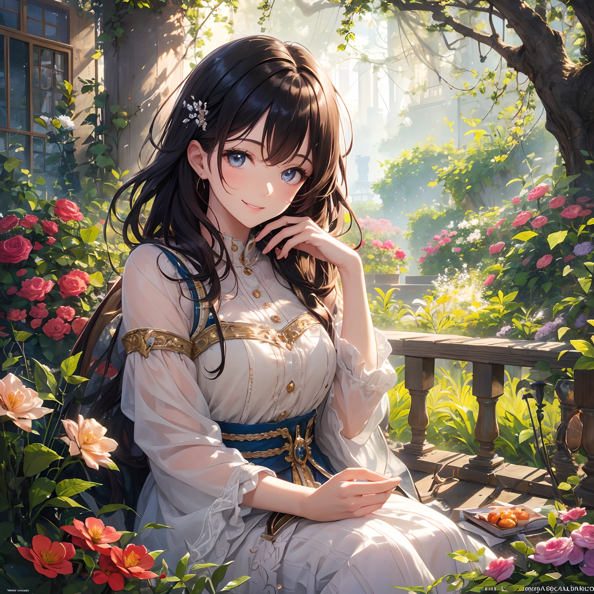A girl opening a window, smiling and looking out, enjoying the bright sunlight, surrounded by a beautiful garden. The girl has beautiful detailed eyes, long eyelashes, and beautiful detailed lips. The scene is depicted in a cheerful, colorful art style, resembling an illustration or a painting. The image quality is of the highest quality, with ultra-detailed, realistic details that capture every fine feature, using HDR, UHD, and studio lighting. The colors are vibrant and vivid, with a warm color tone that adds to the cheerful atmosphere. The lighting is soft and natural, creating a pleasant and inviting ambiance.