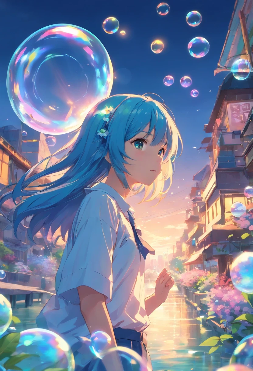 (masutepiece), (Best Quality), (ultra-detailliert),(disheed hair),(Illustration), (1girll), (Fashionable clothing), girls, Fashion Model, (Simple background),beautiful and delicate eyes,Delicate beauty,afloat,(high saturated),(Colorful splashes),colorful bubble,(shine),Focus on the face,lightblue hair,By bangs,hair rings,Floating flowers,floated hair,(shiny),The best lighting,Best Shadow,