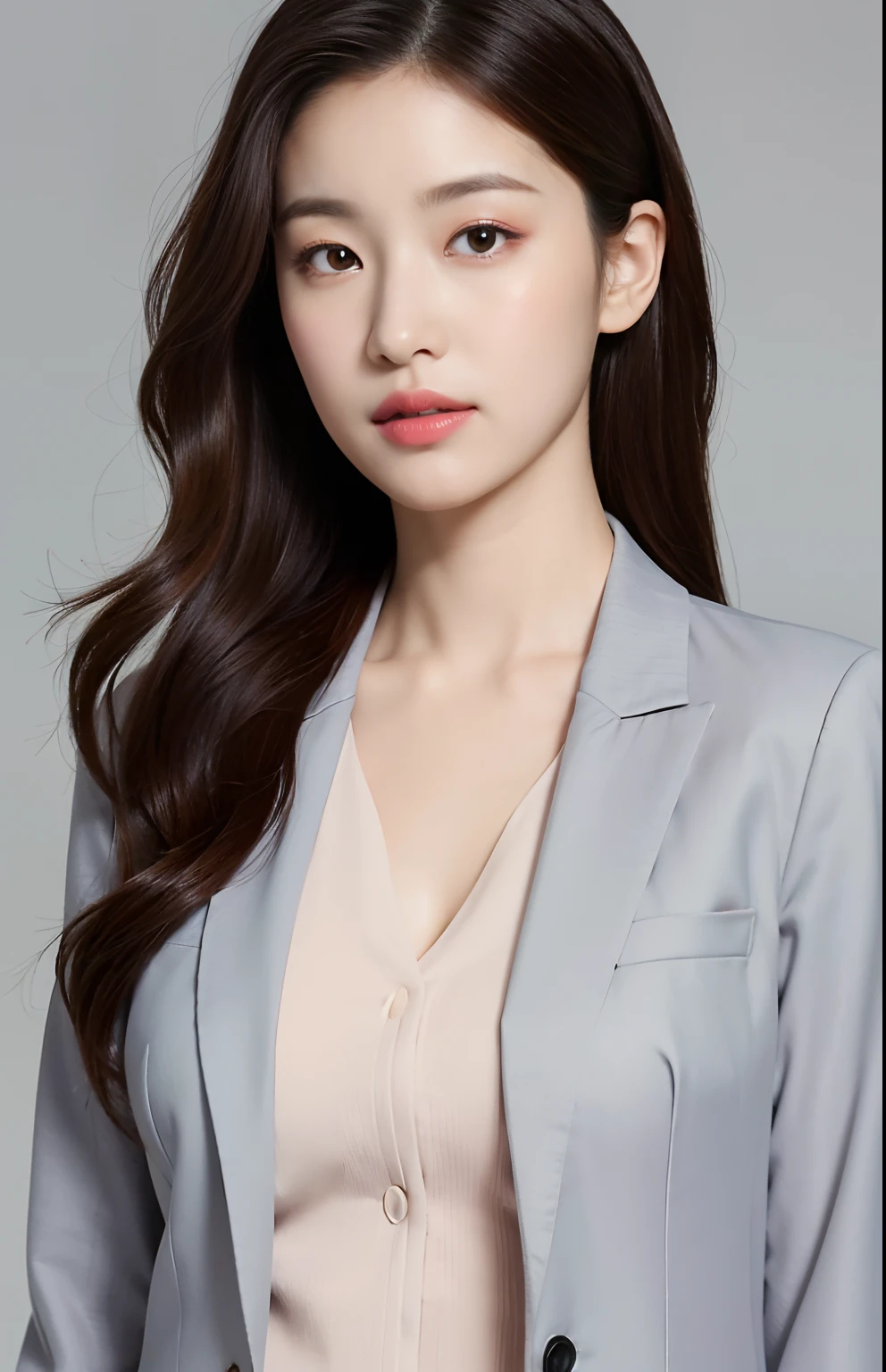 Best quality,masterpiece,ultra high res,(photorealistic:1.4),1girl, in studio, pastel gray background, wearing white formal blazer, fall clothes
