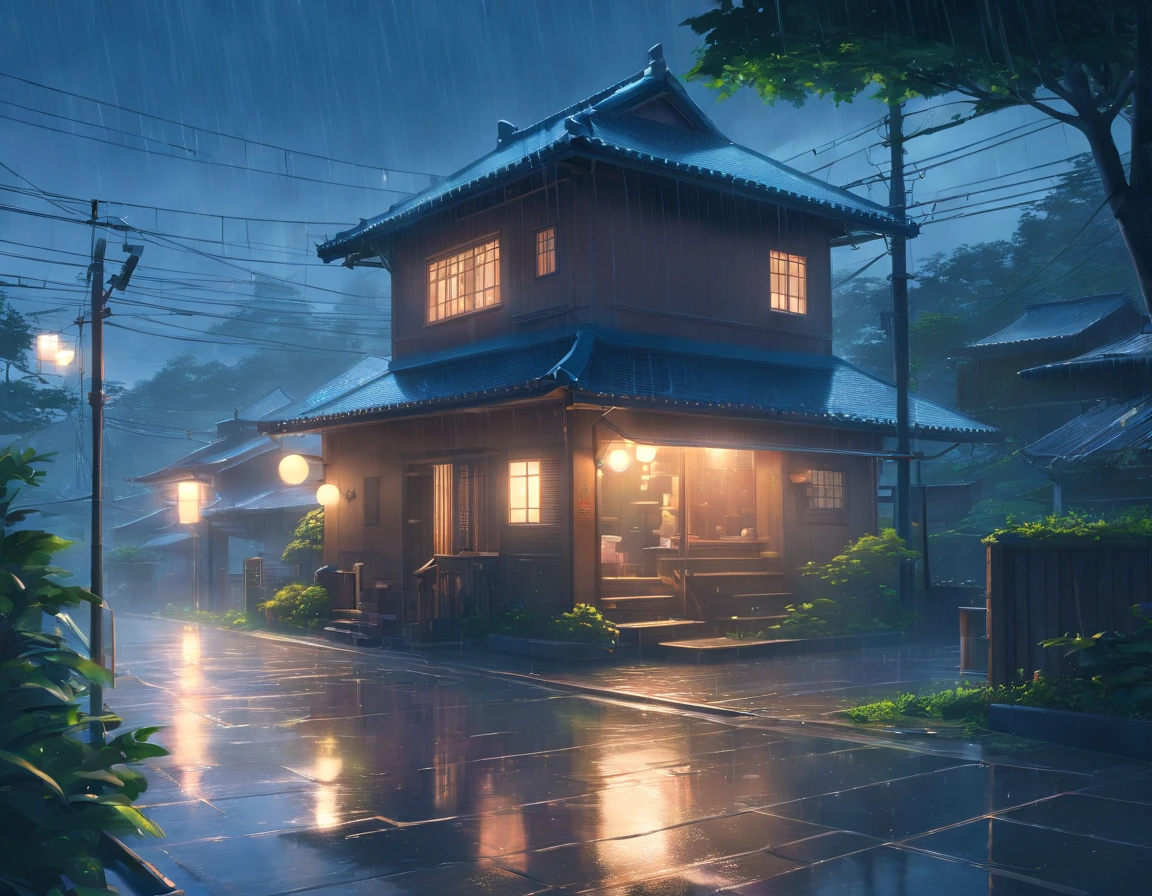 a house in the rain with the lights on, a detailed matte painting by Igor Zenin, shutterstock contest winner, magical realism, volumetric lighting, unreal engine 5, unreal engine with rain