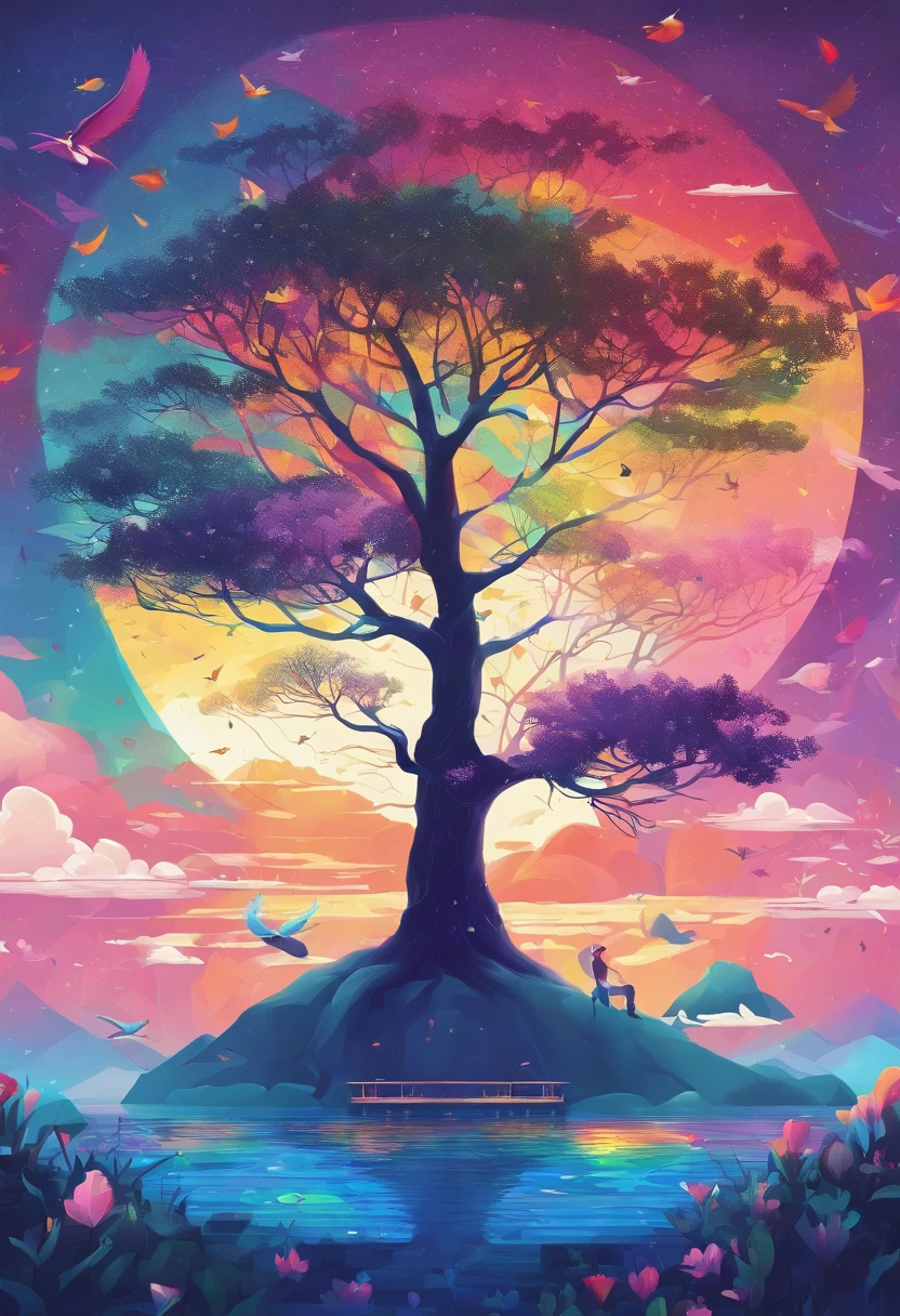 ((Evening rainbow after rain)),SkySky, Blue color, baiyun, after the rain, Rays of sunlight, refraction, 7 colors, red, orange, Yellow, green, blue, viola, Arc Shape, Bridge to Heaven, rays, Magical dreams, Want, Calm lake, Inverted image, The outline of the tree, Birds fly away, Update, Magical, Beautiful natural scenery