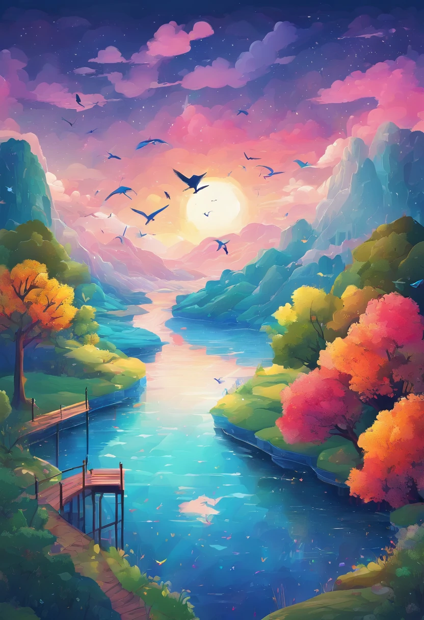 ((Evening rainbow after rain)),SkySky, Blue color, baiyun, after the rain, Rays of sunlight, refraction, 7 colors, red, orange, Yellow, green, blue, viola, Arc Shape, Bridge to Heaven, rays, Magical dreams, Want, Calm lake, Inverted image, The outline of the tree, Birds fly away, Update, Magical, Beautiful natural scenery